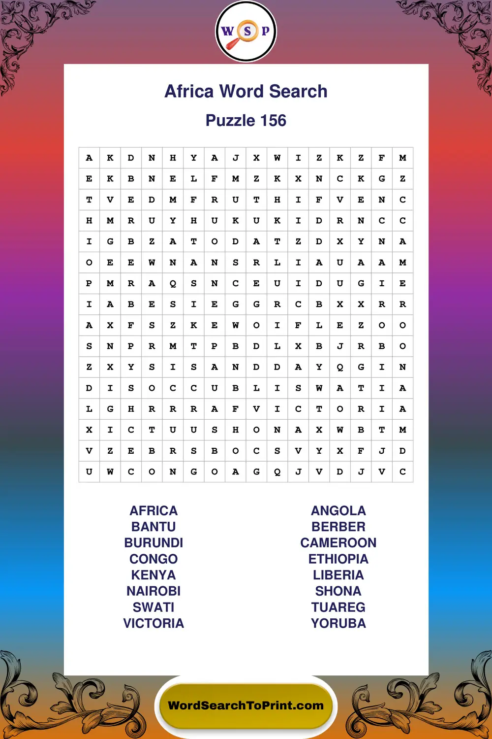 Africa Word Search Puzzle 156