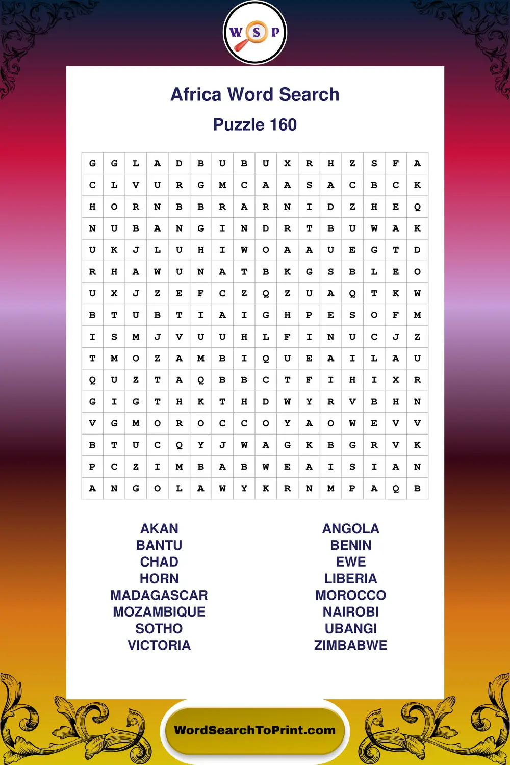 Africa Word Search Puzzle 160