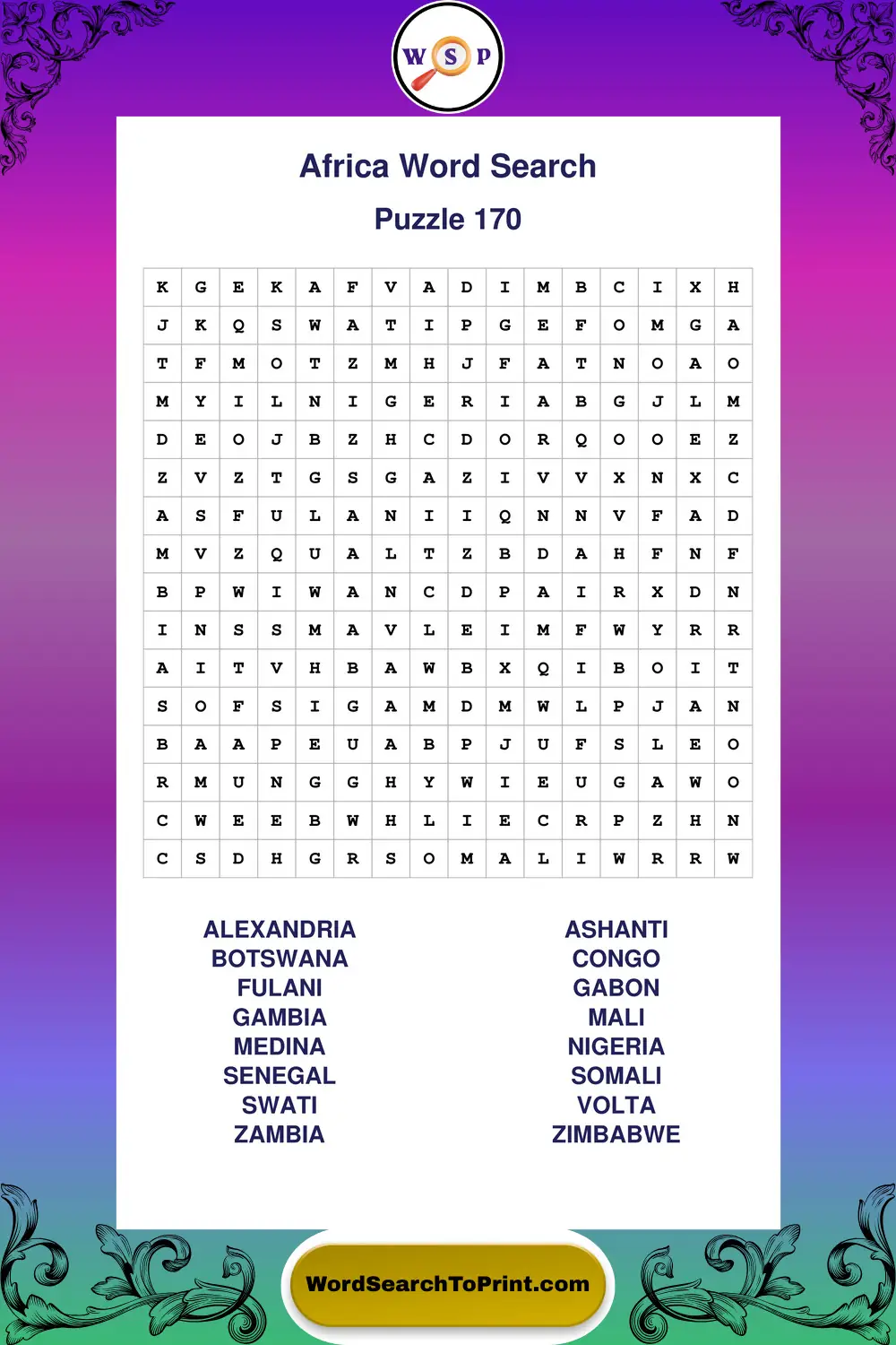 Africa Word Search Puzzle 170