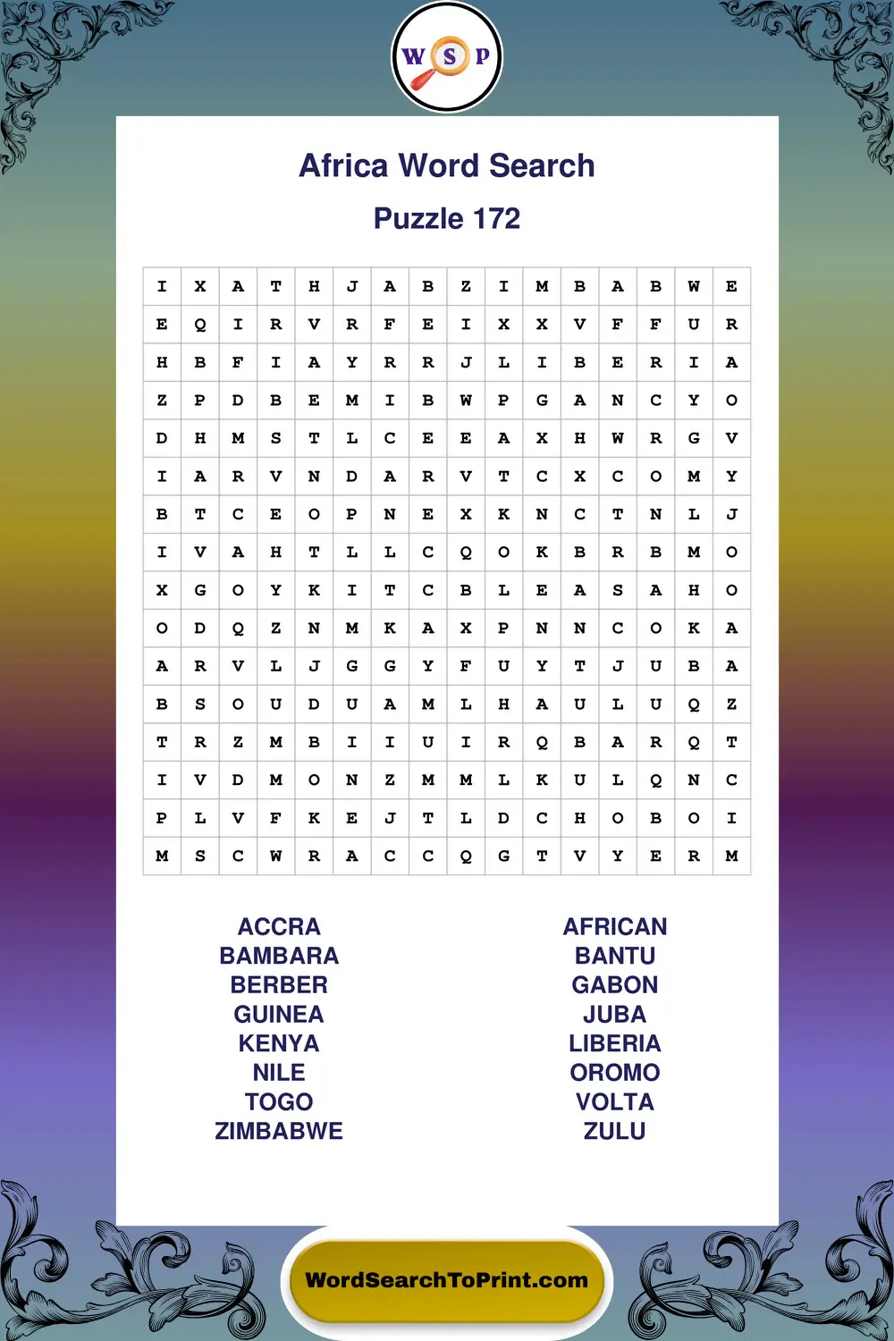 Africa Word Search Puzzle 172