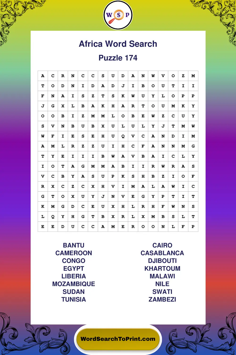 Africa Word Search Puzzle 174