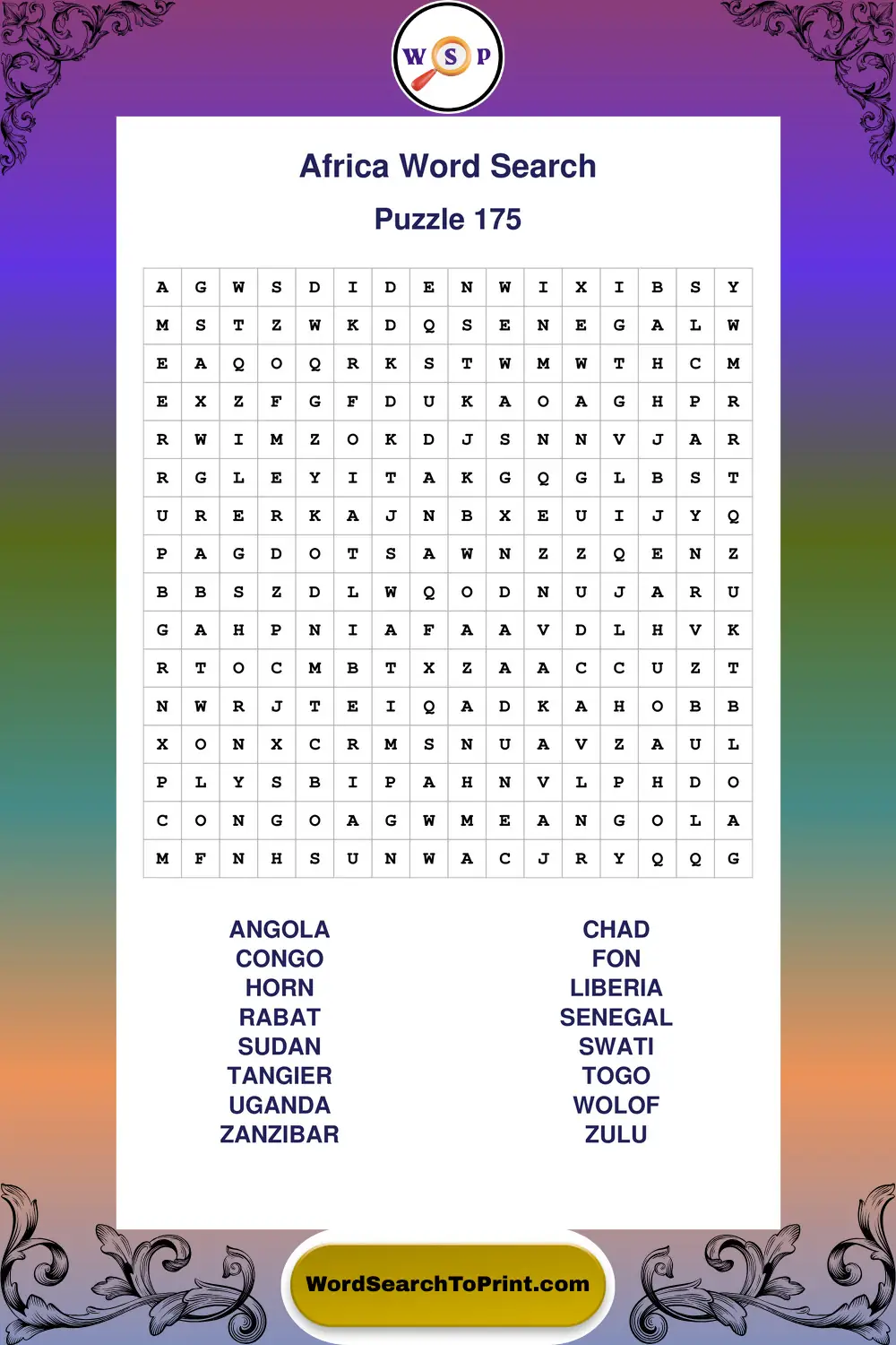 Africa Word Search Puzzle 175