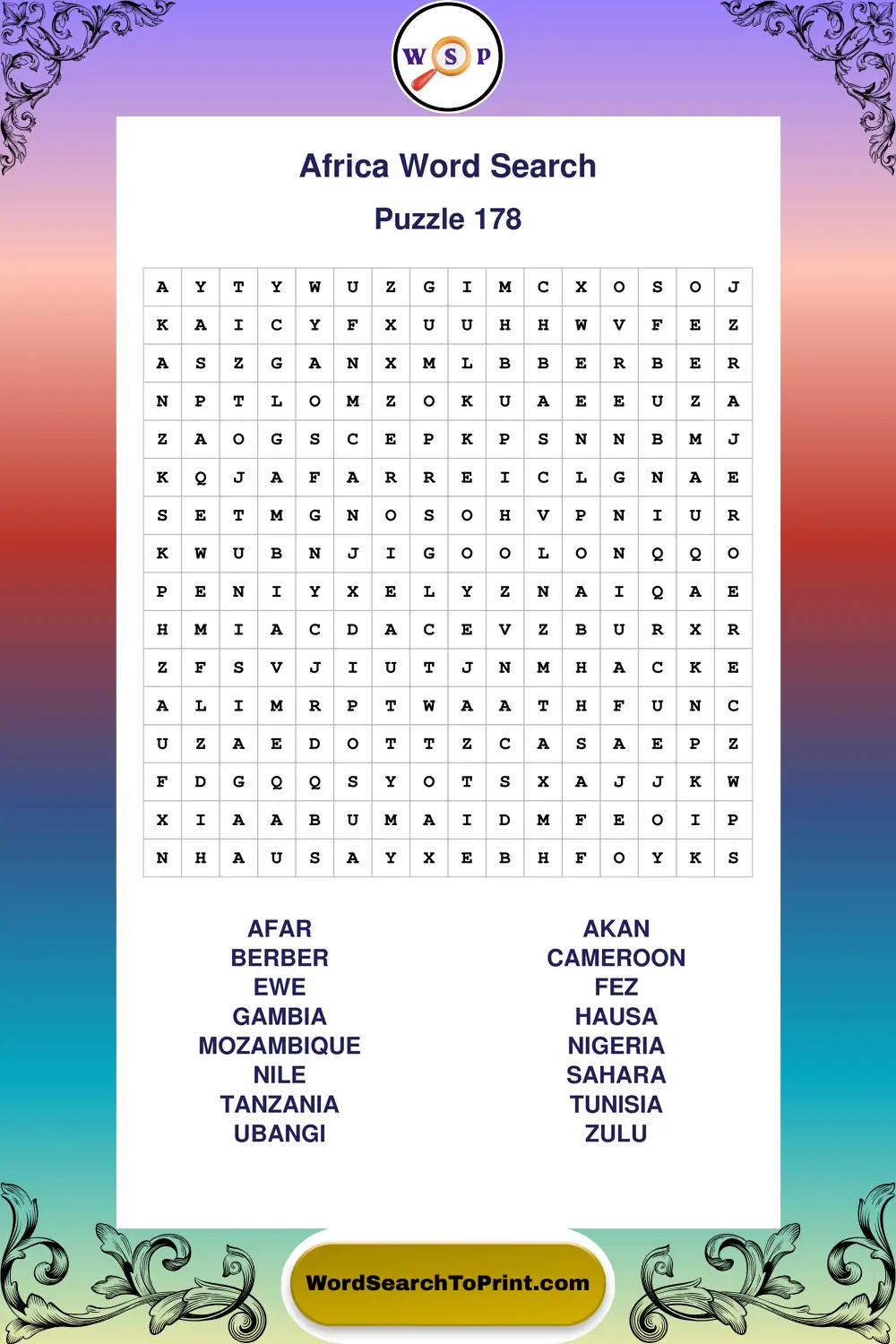 Africa Word Search Puzzle 178