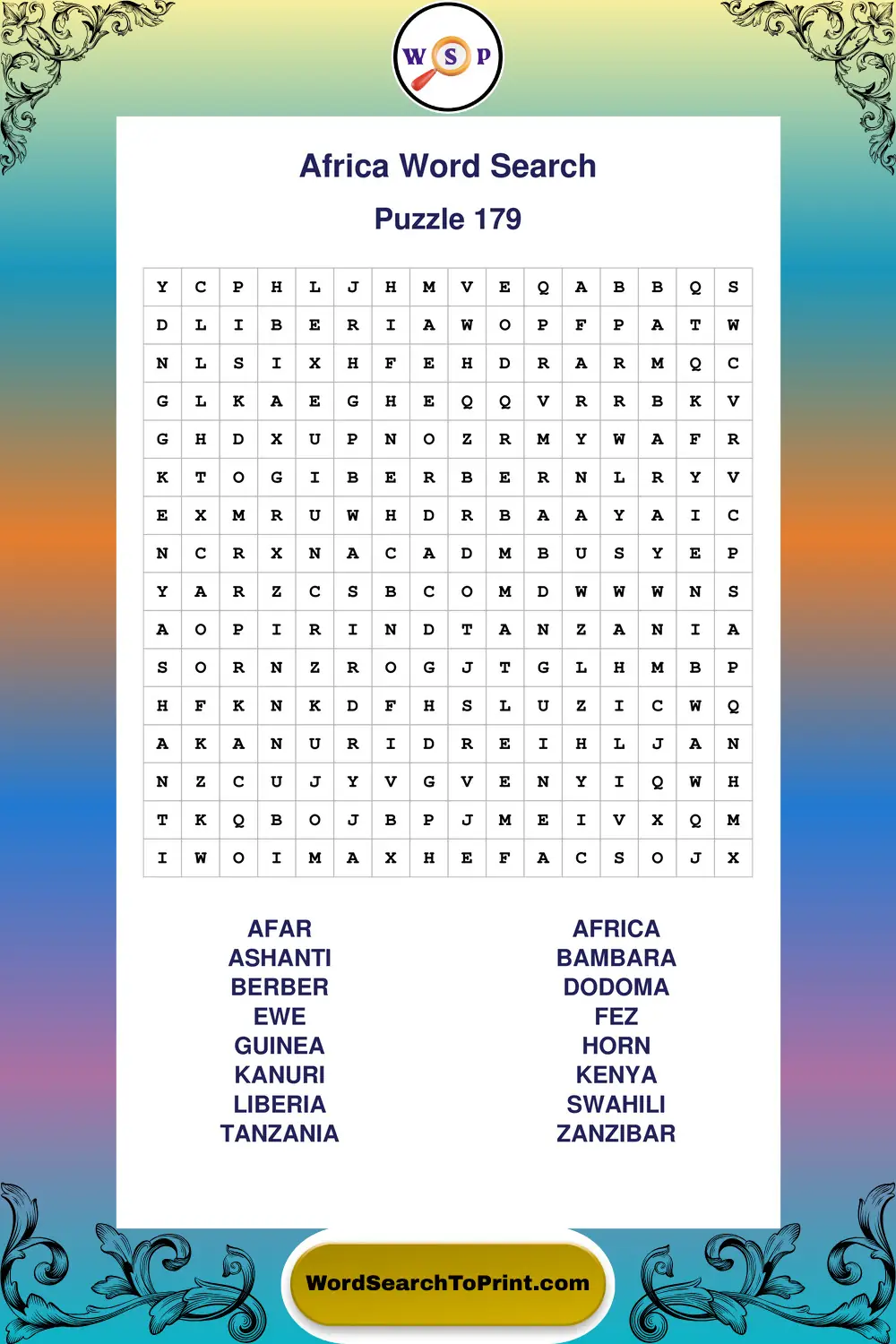 Africa Word Search Puzzle 179