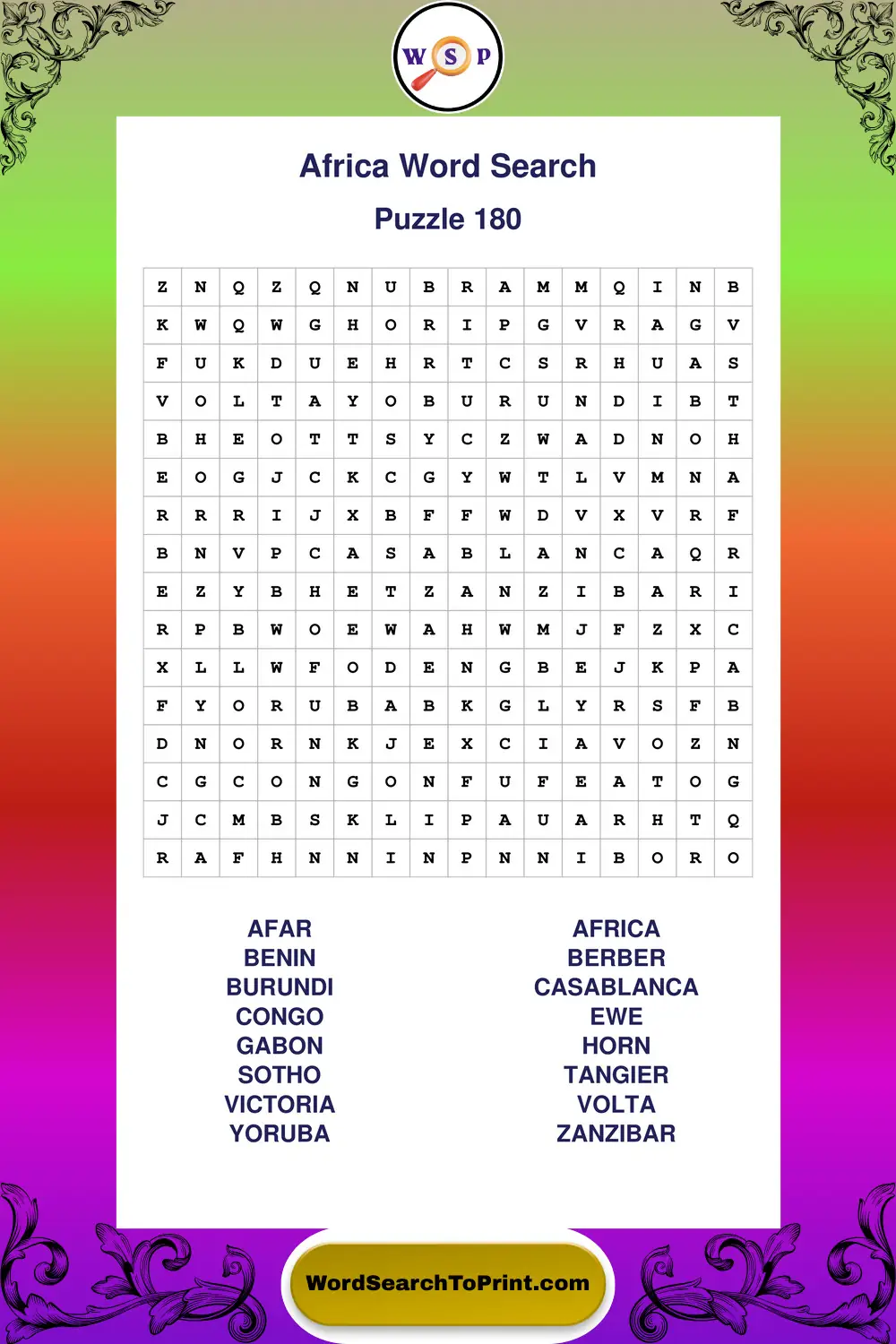 Africa Word Search Puzzle 180