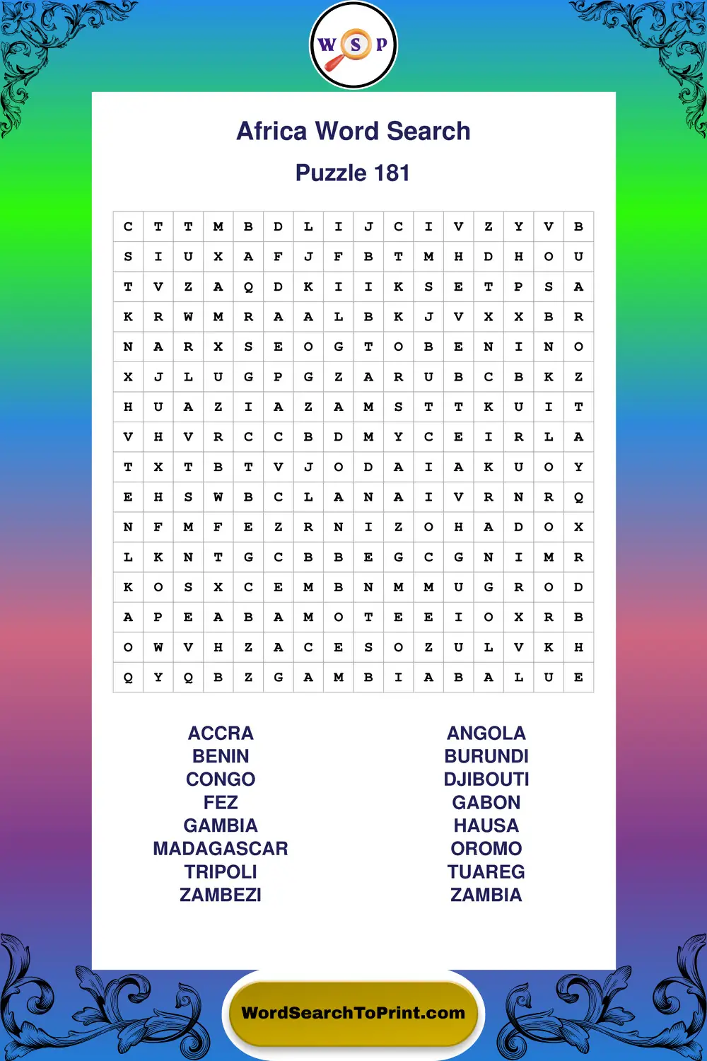 Africa Word Search Puzzle 181