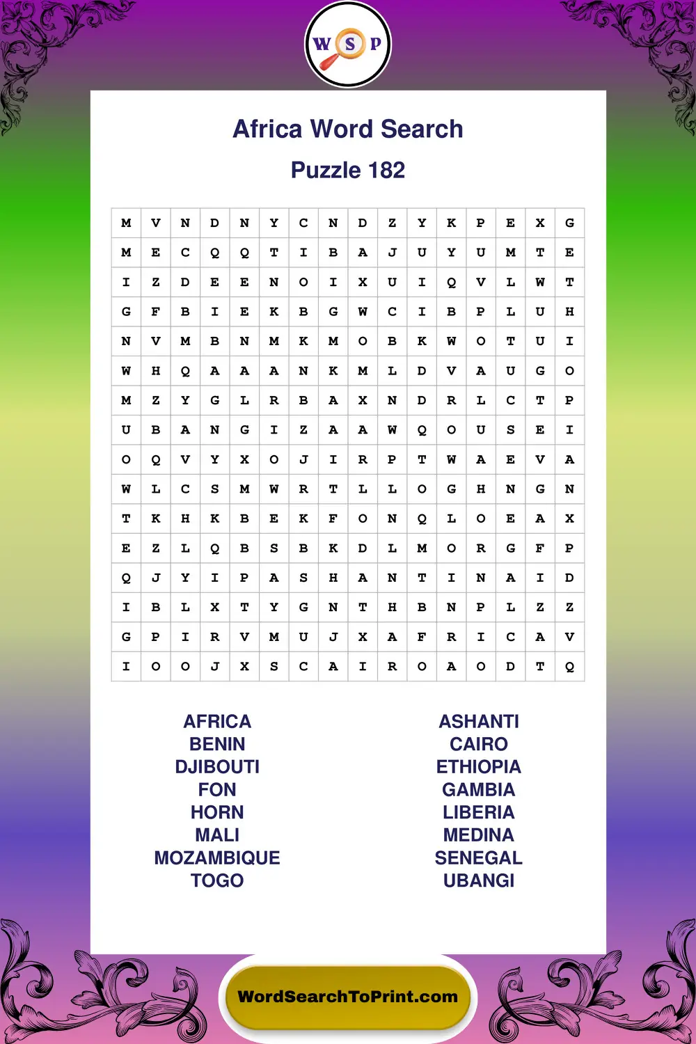 Africa Word Search Puzzle 182