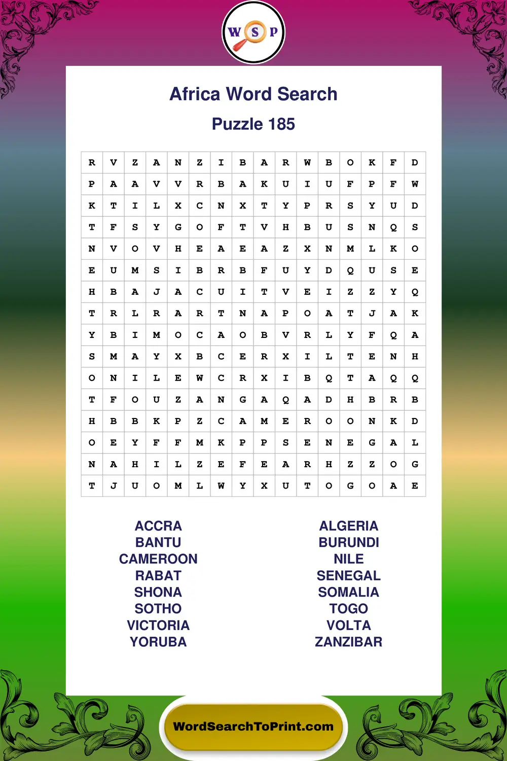 Africa Word Search Puzzle 185