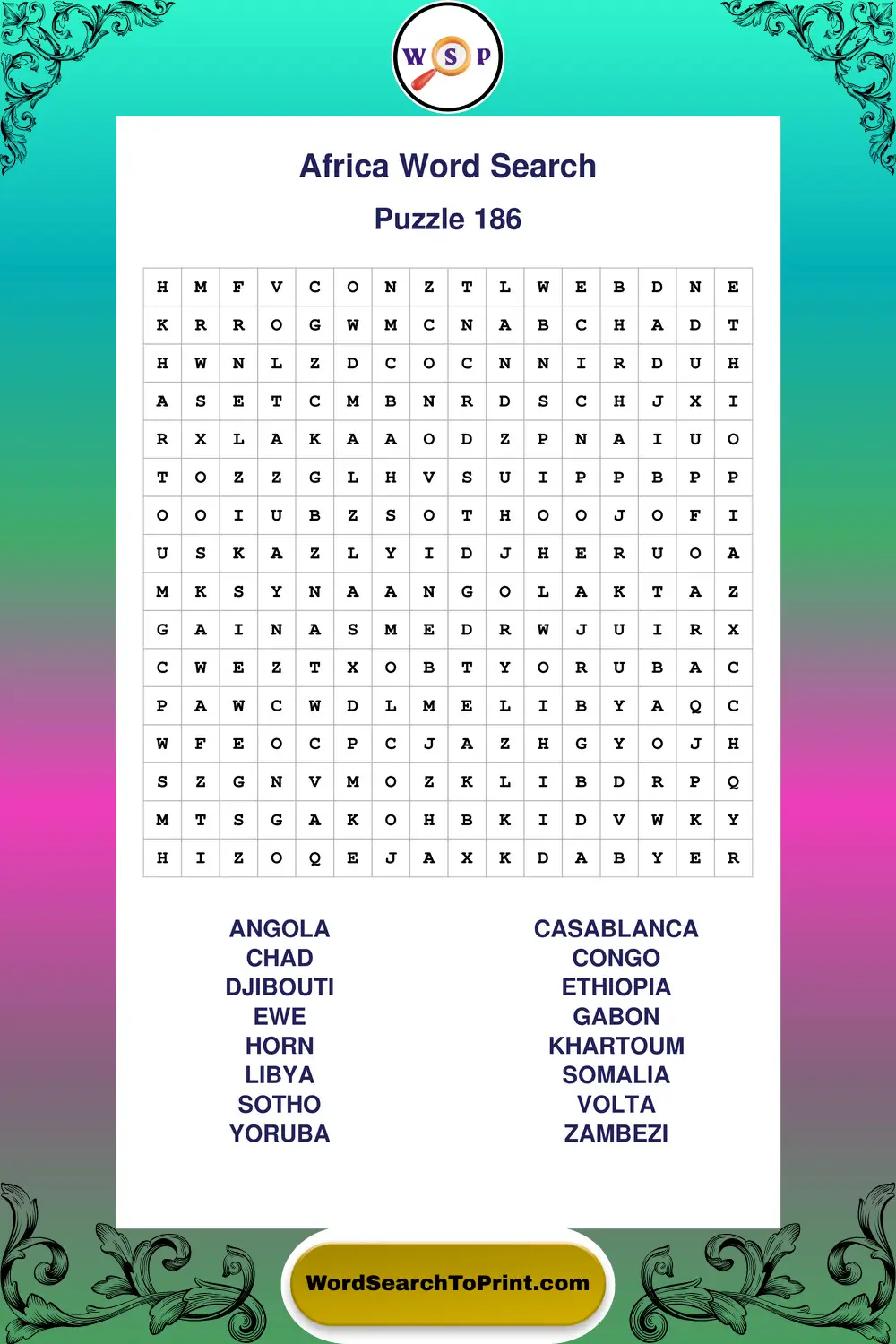 Africa Word Search Puzzle 186