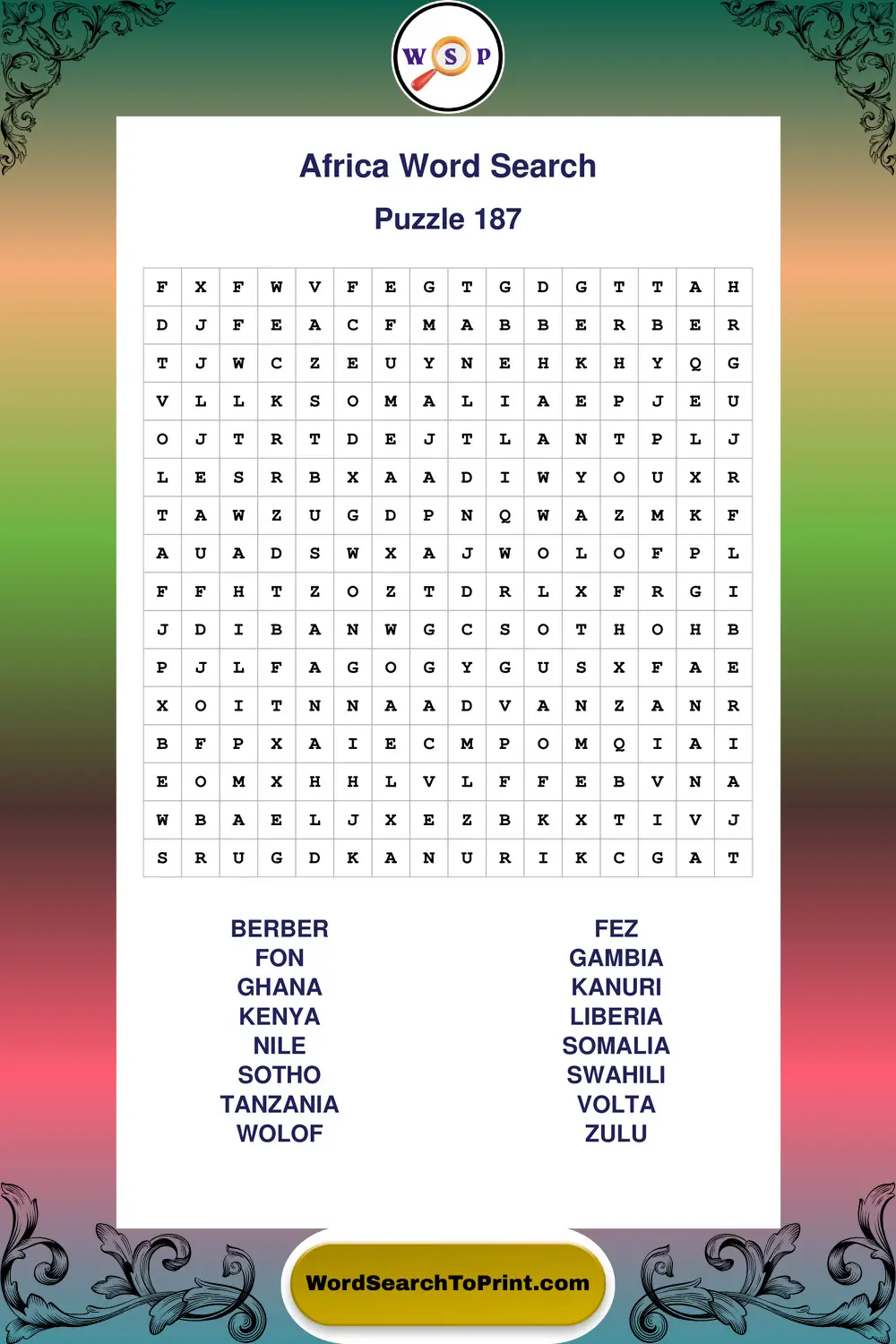 Africa Word Search Puzzle 187