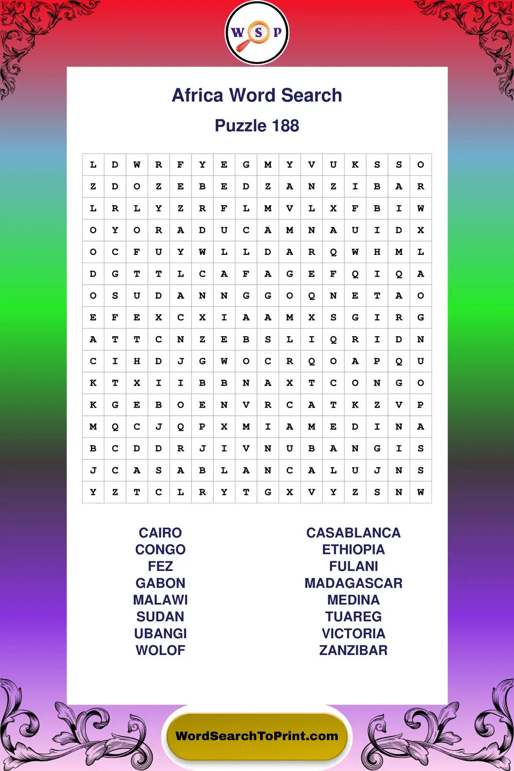 Africa Word Search Puzzle 188