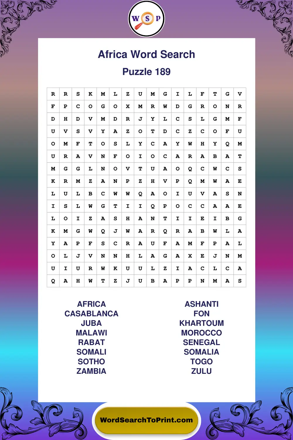 Africa Word Search Puzzle 189