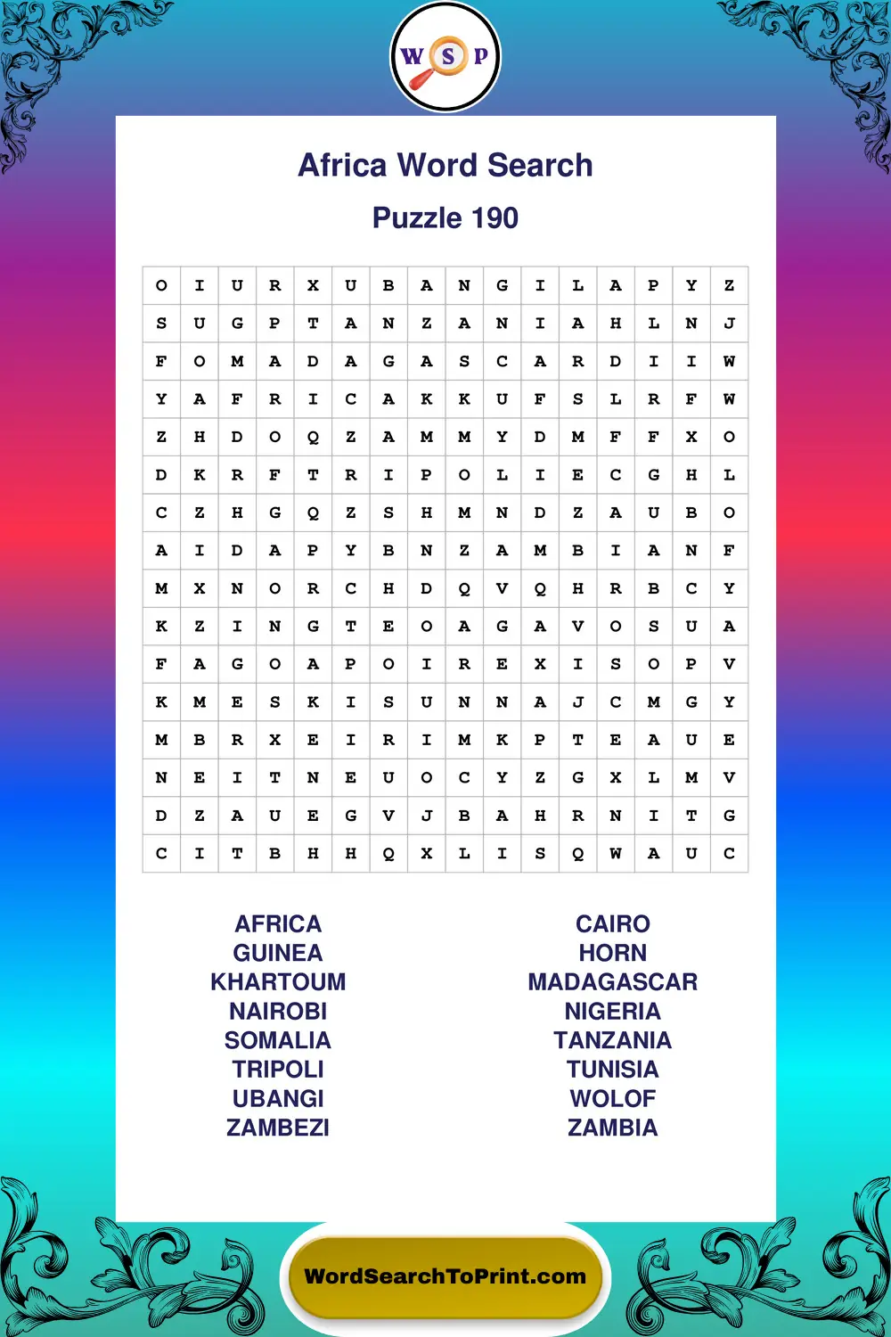 Africa Word Search Puzzle 190