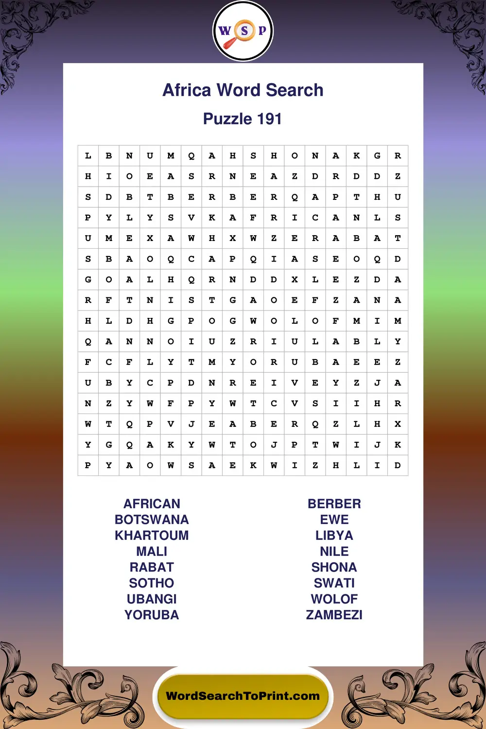 Africa Word Search Puzzle 191