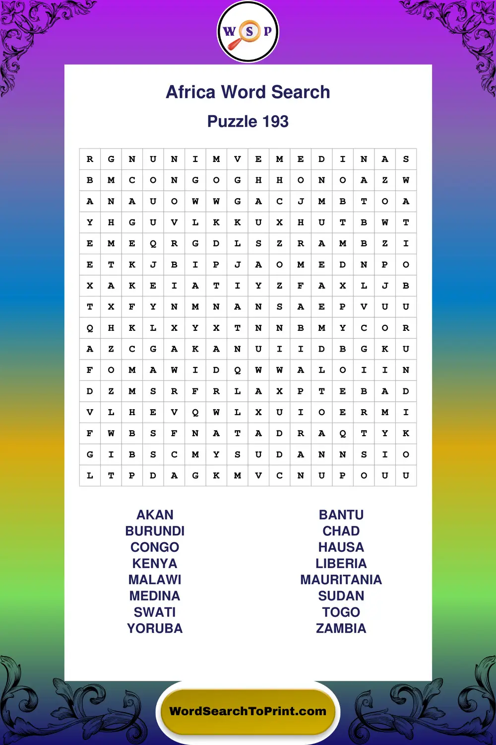 Africa Word Search Puzzle 193