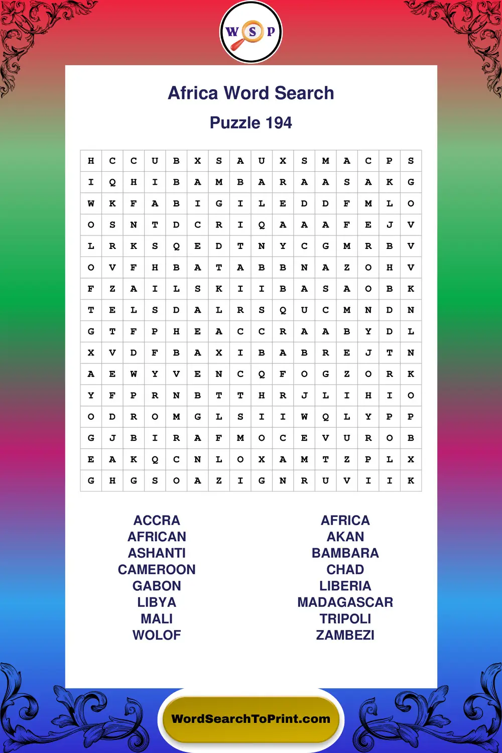 Africa Word Search Puzzle 194