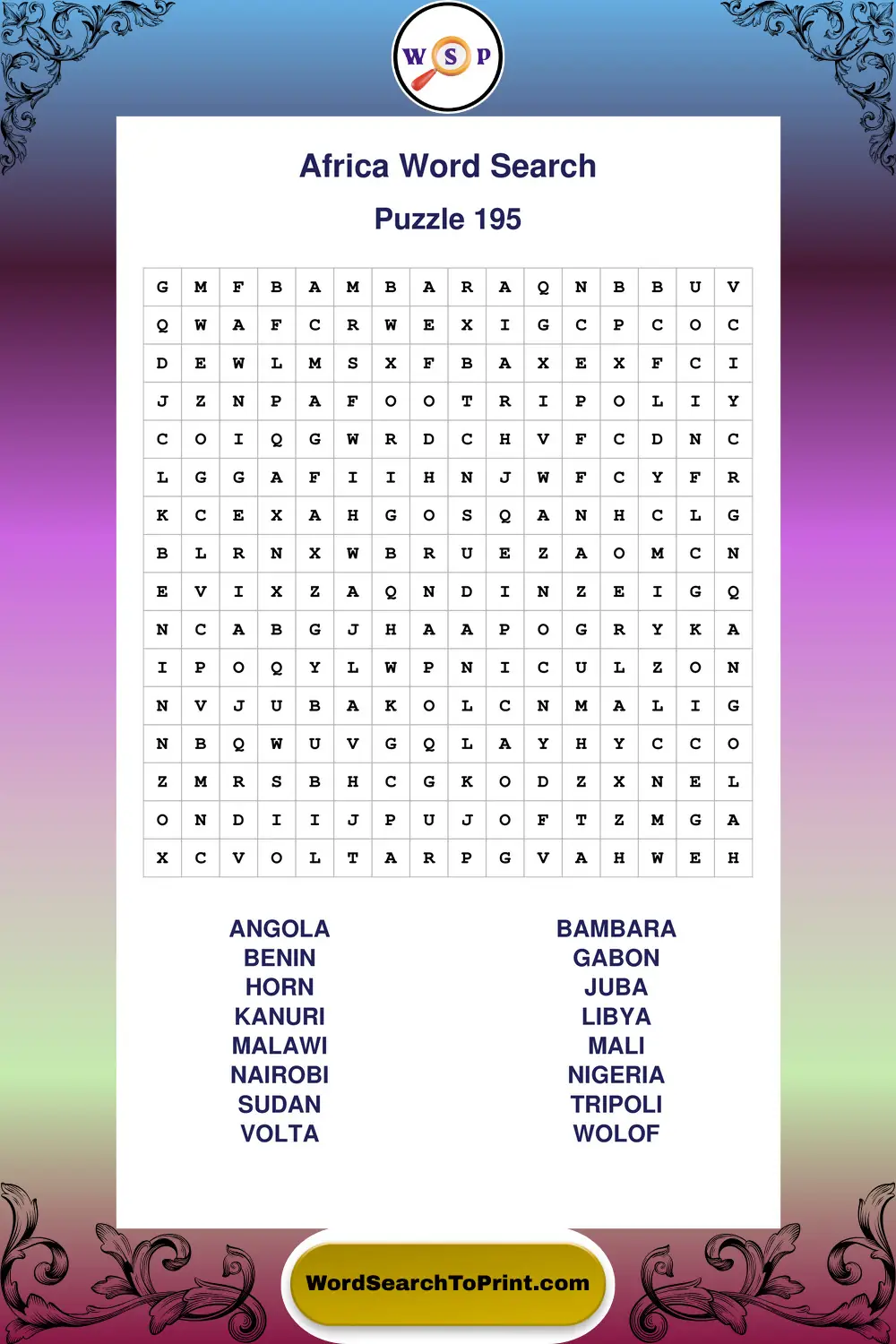Africa Word Search Puzzle 195