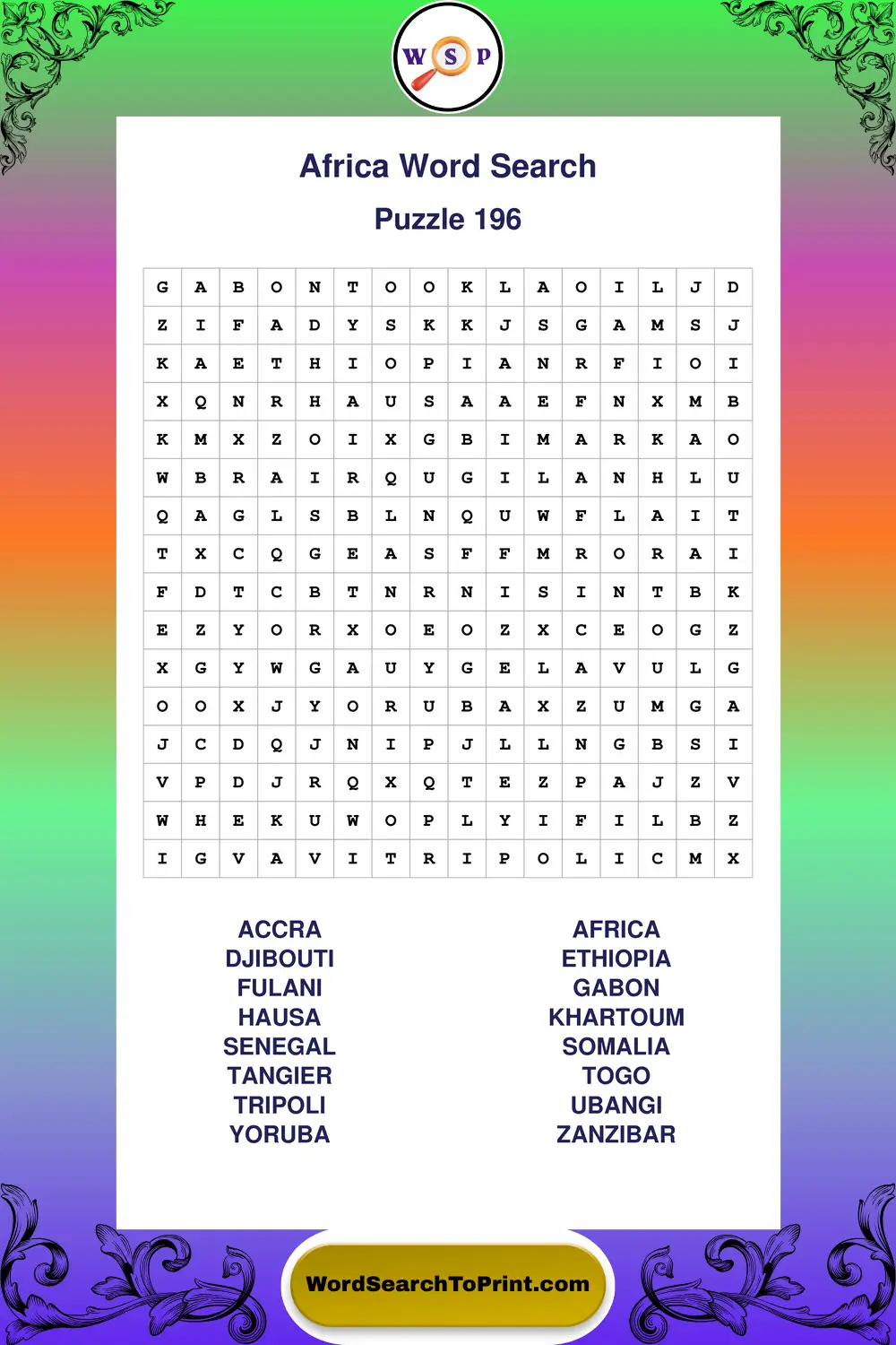 Africa Word Search Puzzle 196