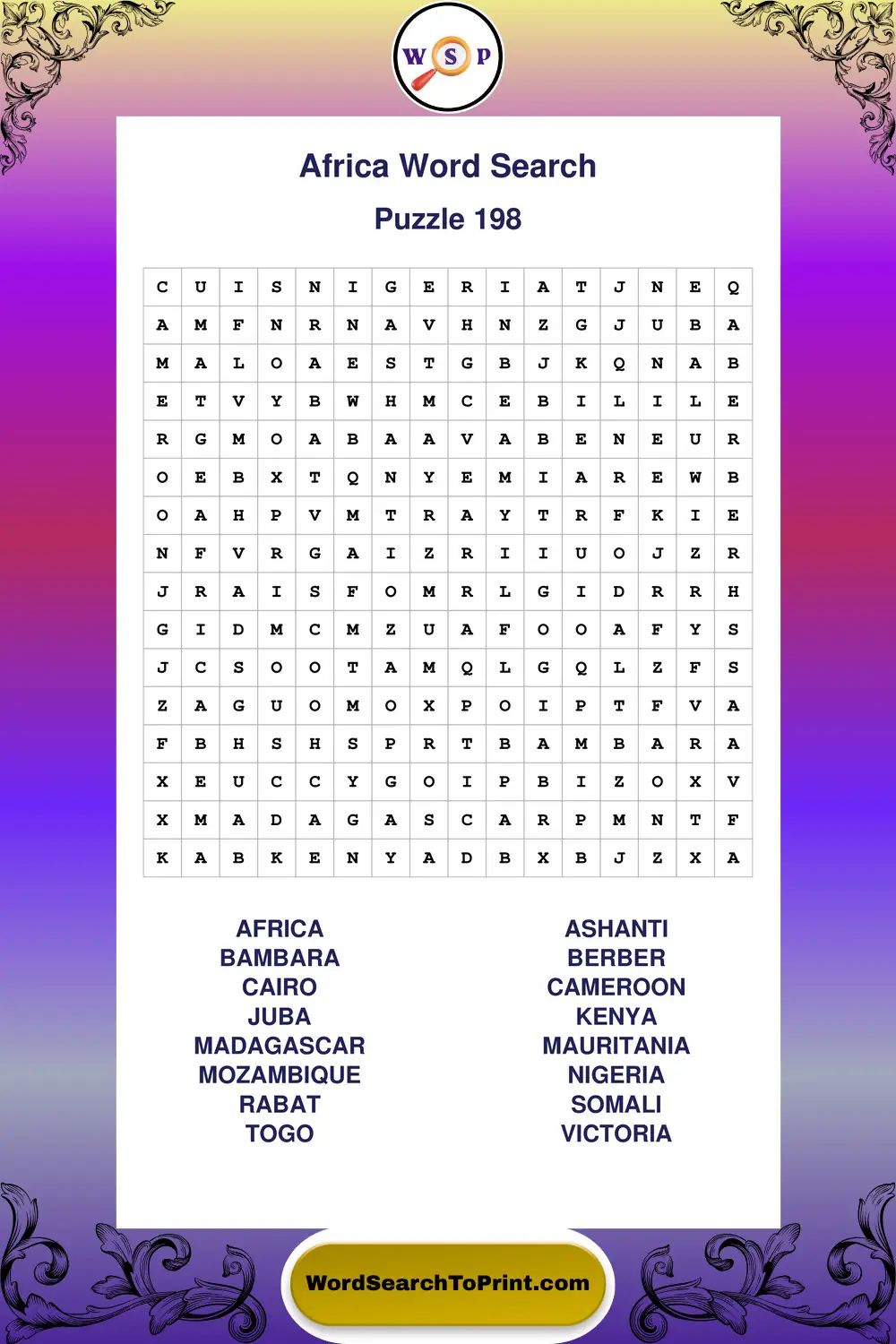 Africa Word Search Puzzle 198