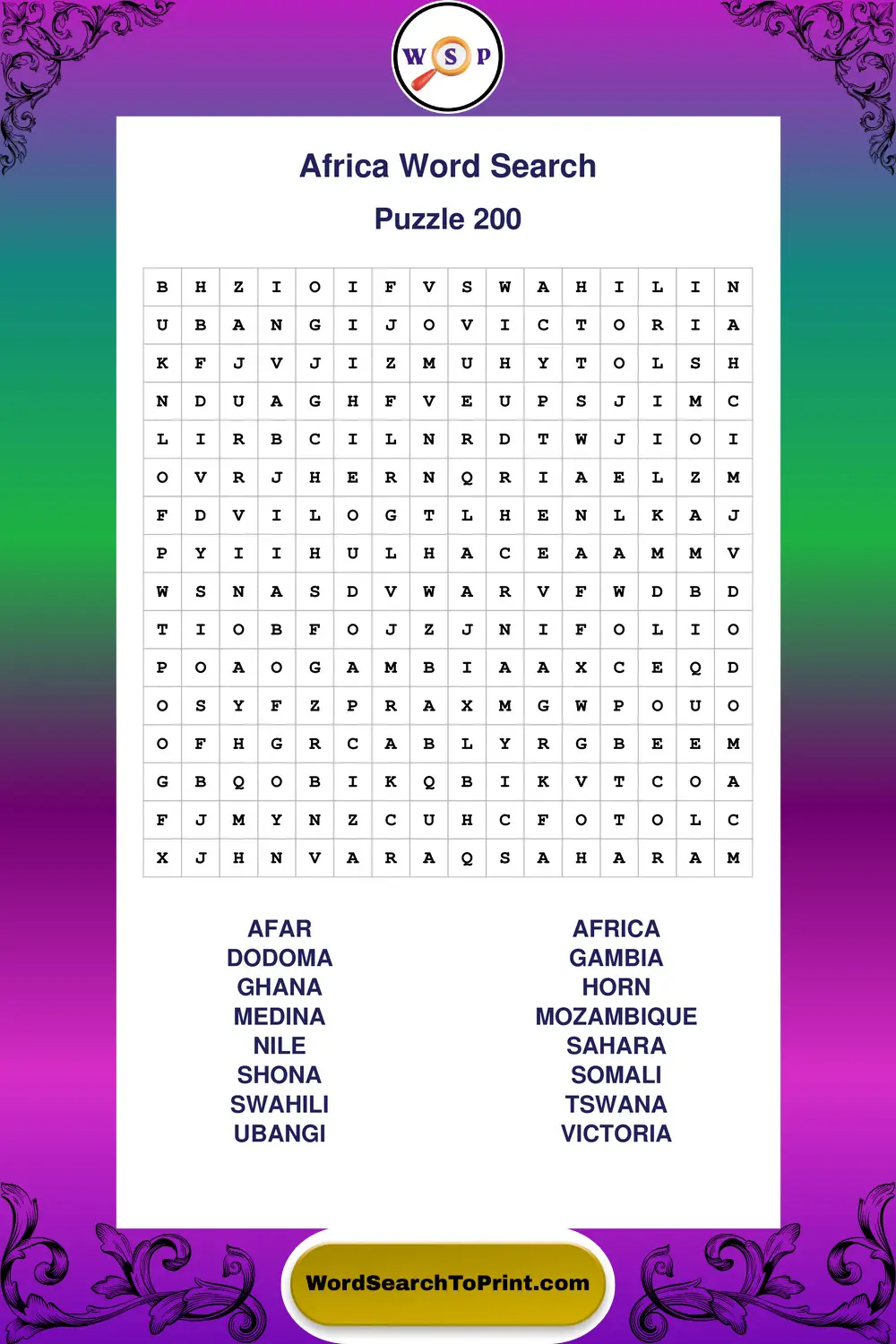 Africa Word Search Puzzle 200