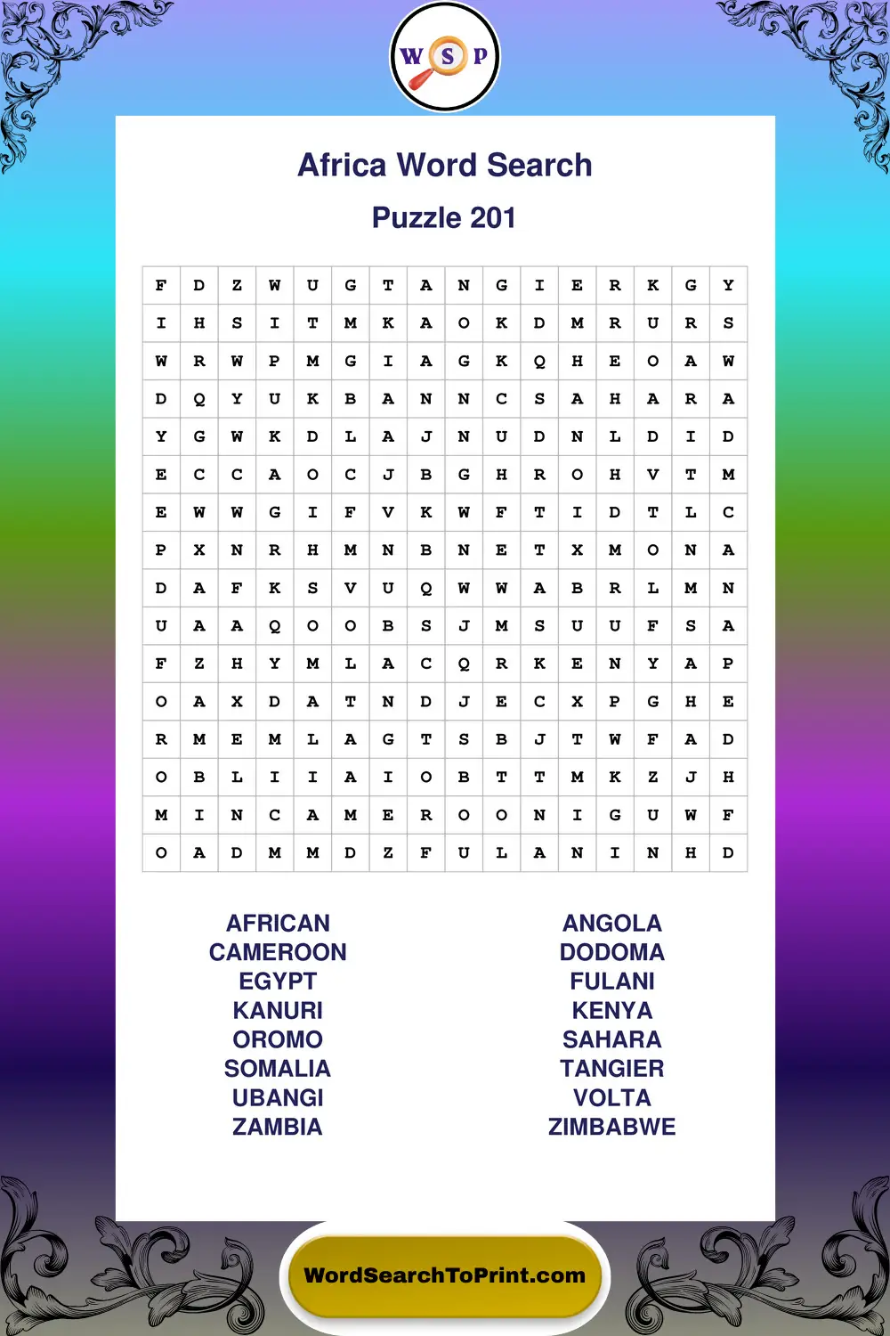 Africa Word Search Puzzle 201