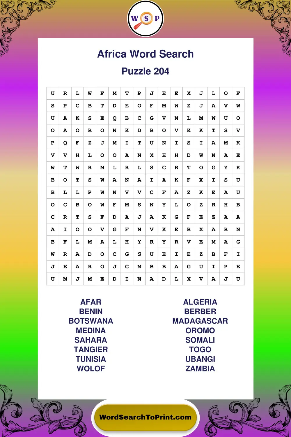 Africa Word Search Puzzle 204