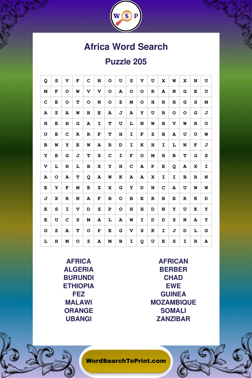 Africa Word Search Puzzle 205