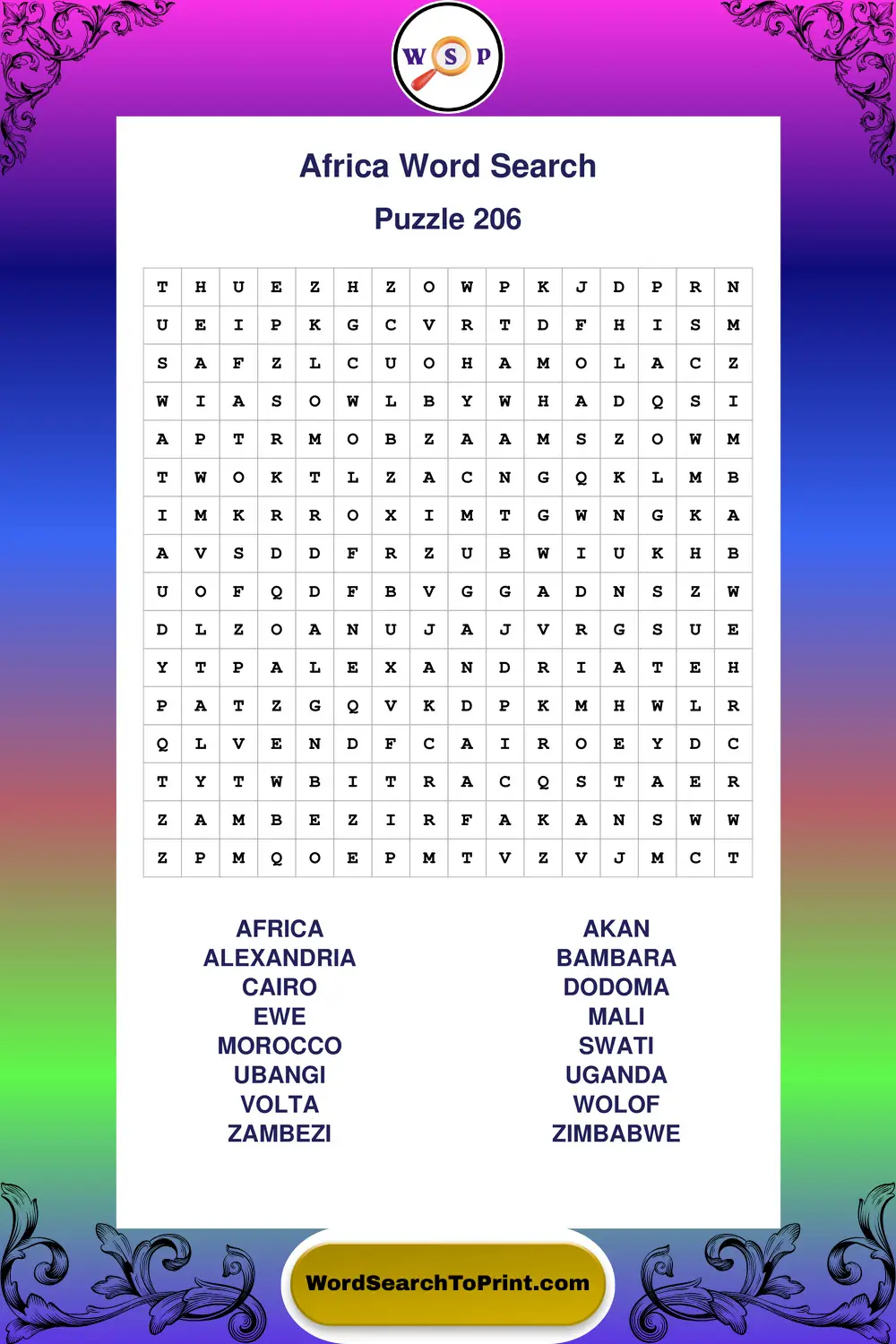 Africa Word Search Puzzle 206