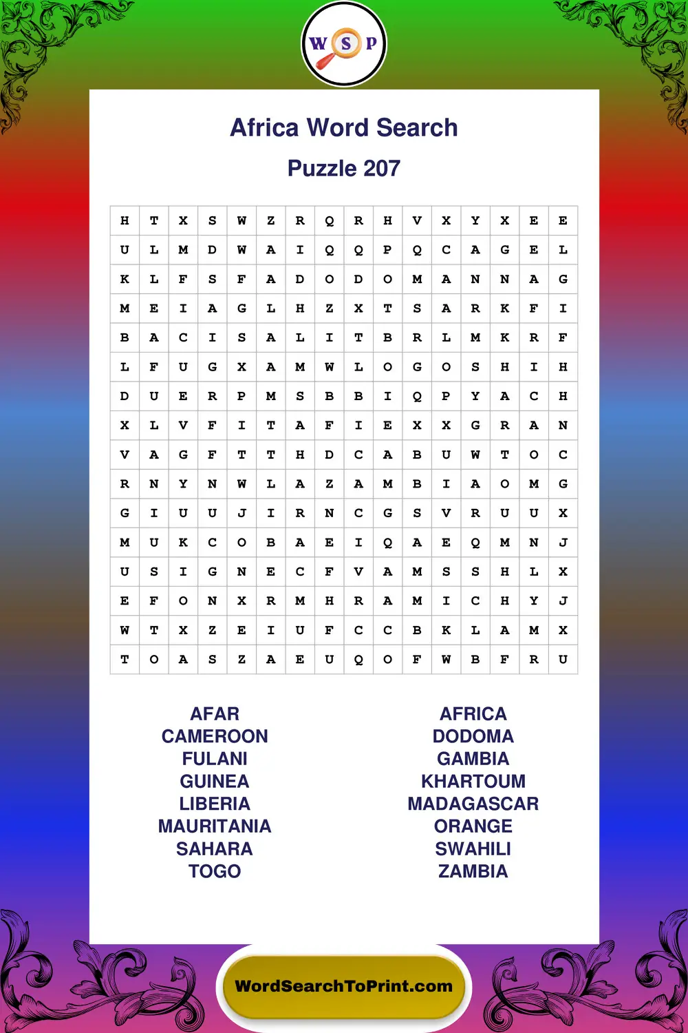 Africa Word Search Puzzle 207