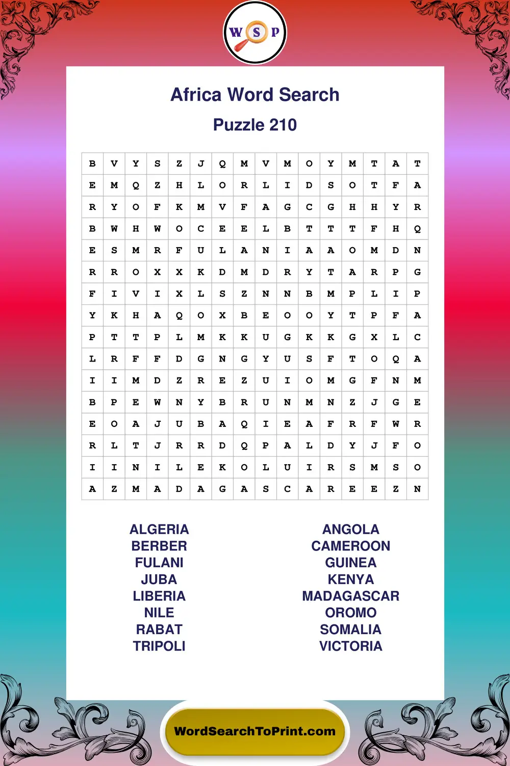 Africa Word Search Puzzle 210
