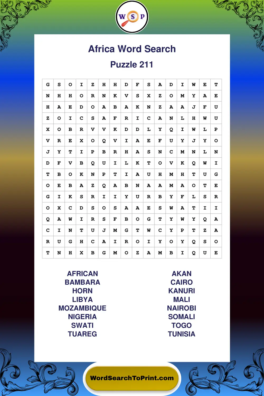 Africa Word Search Puzzle 211