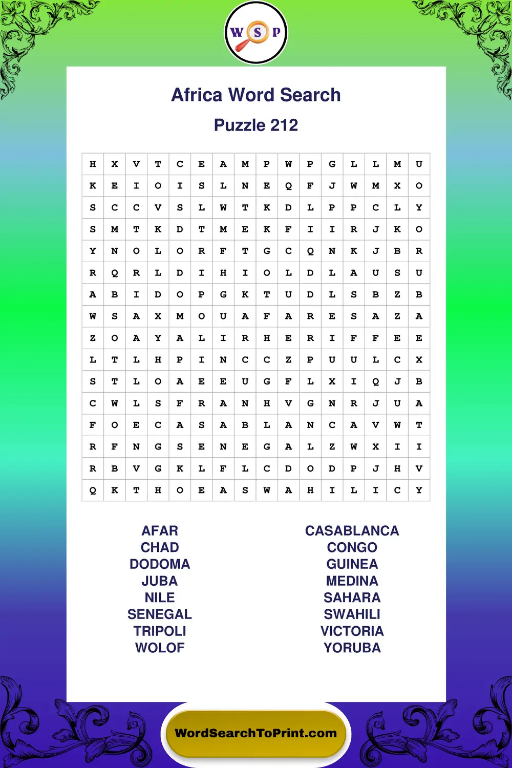 Africa Word Search Puzzle 212