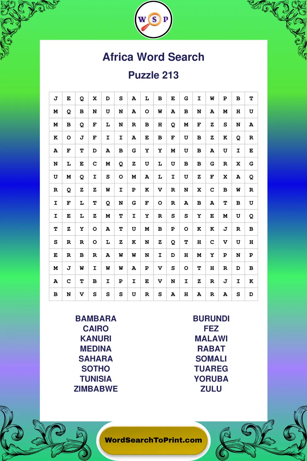 Africa Word Search Puzzle 213