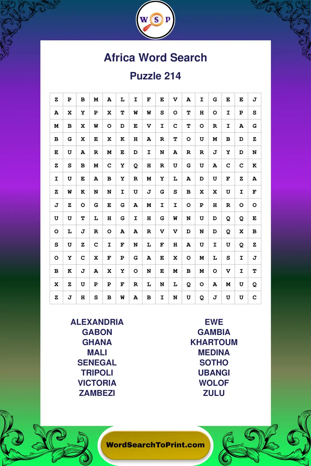 Africa Word Search Puzzle 214