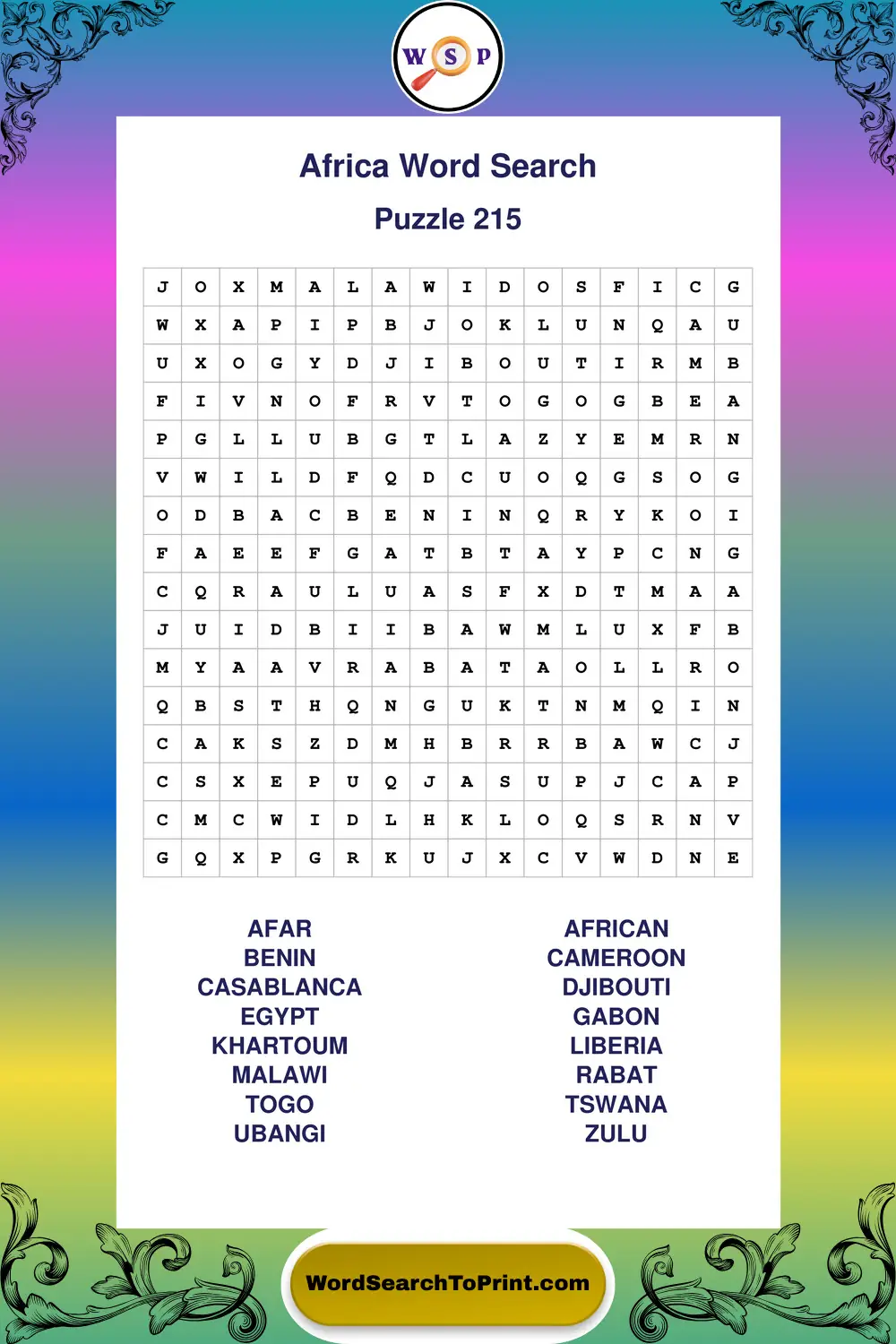 Africa Word Search Puzzle 215