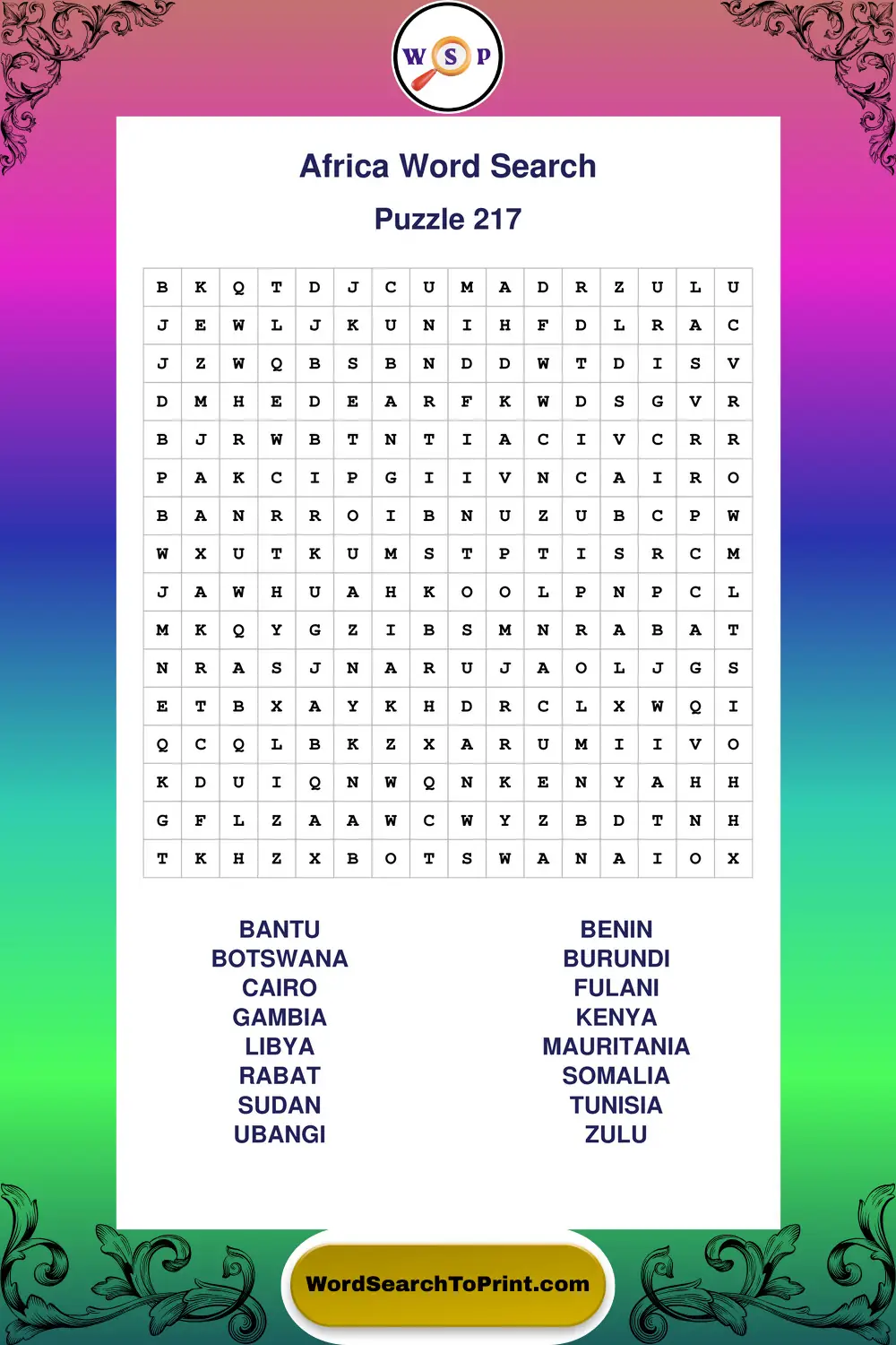 Africa Word Search Puzzle 217