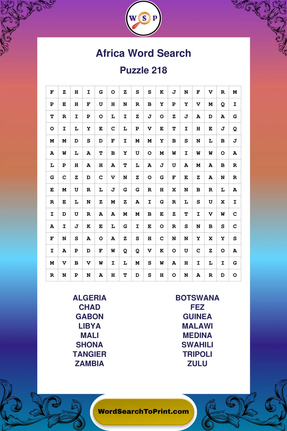 Africa Word Search Puzzle 218