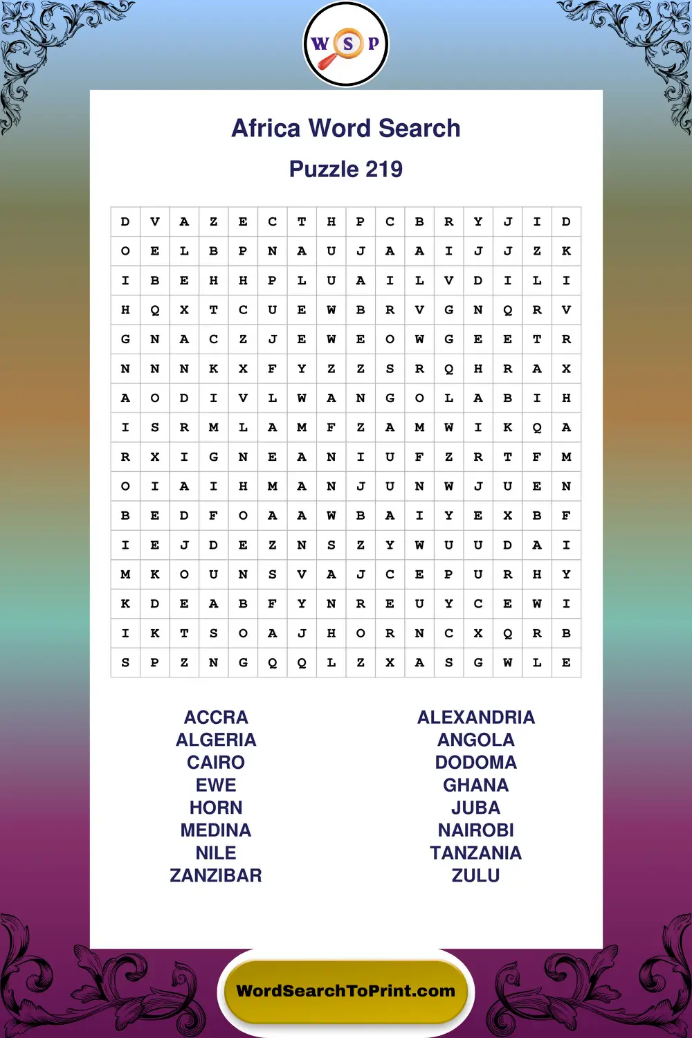 Africa Word Search Puzzle 219