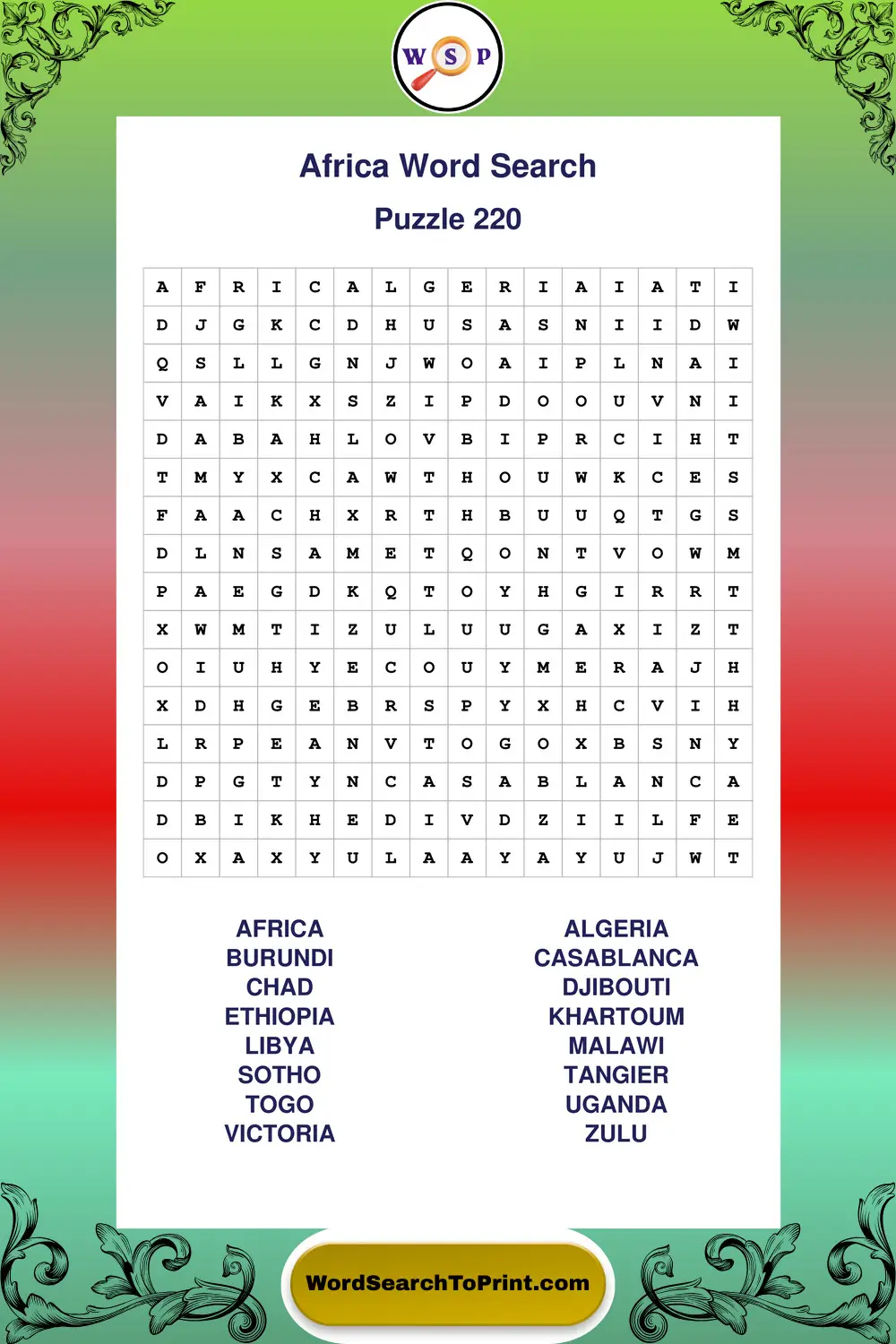 Africa Word Search Puzzle 220