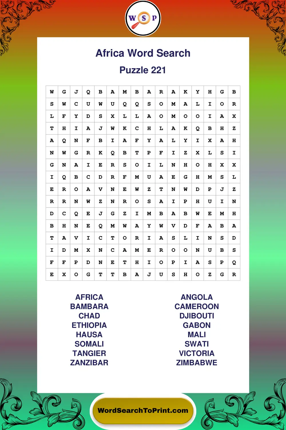 Africa Word Search Puzzle 221