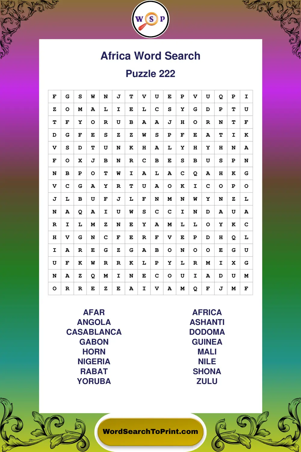 Africa Word Search Puzzle 222