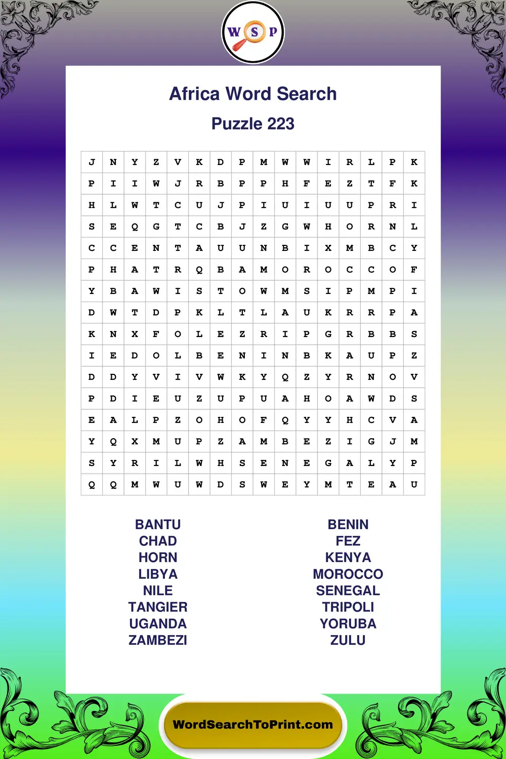 Africa Word Search Puzzle 223