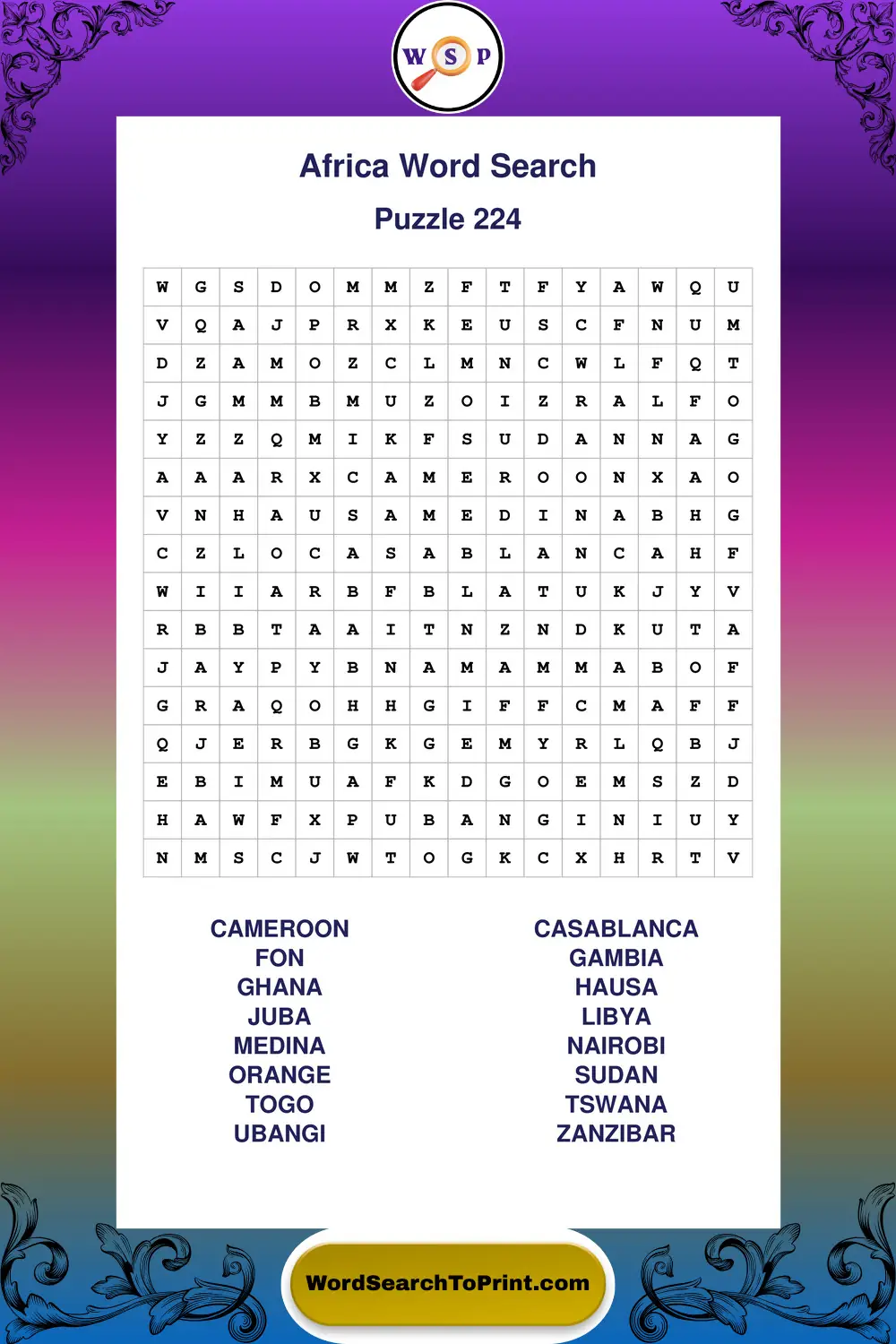 Africa Word Search Puzzle 224