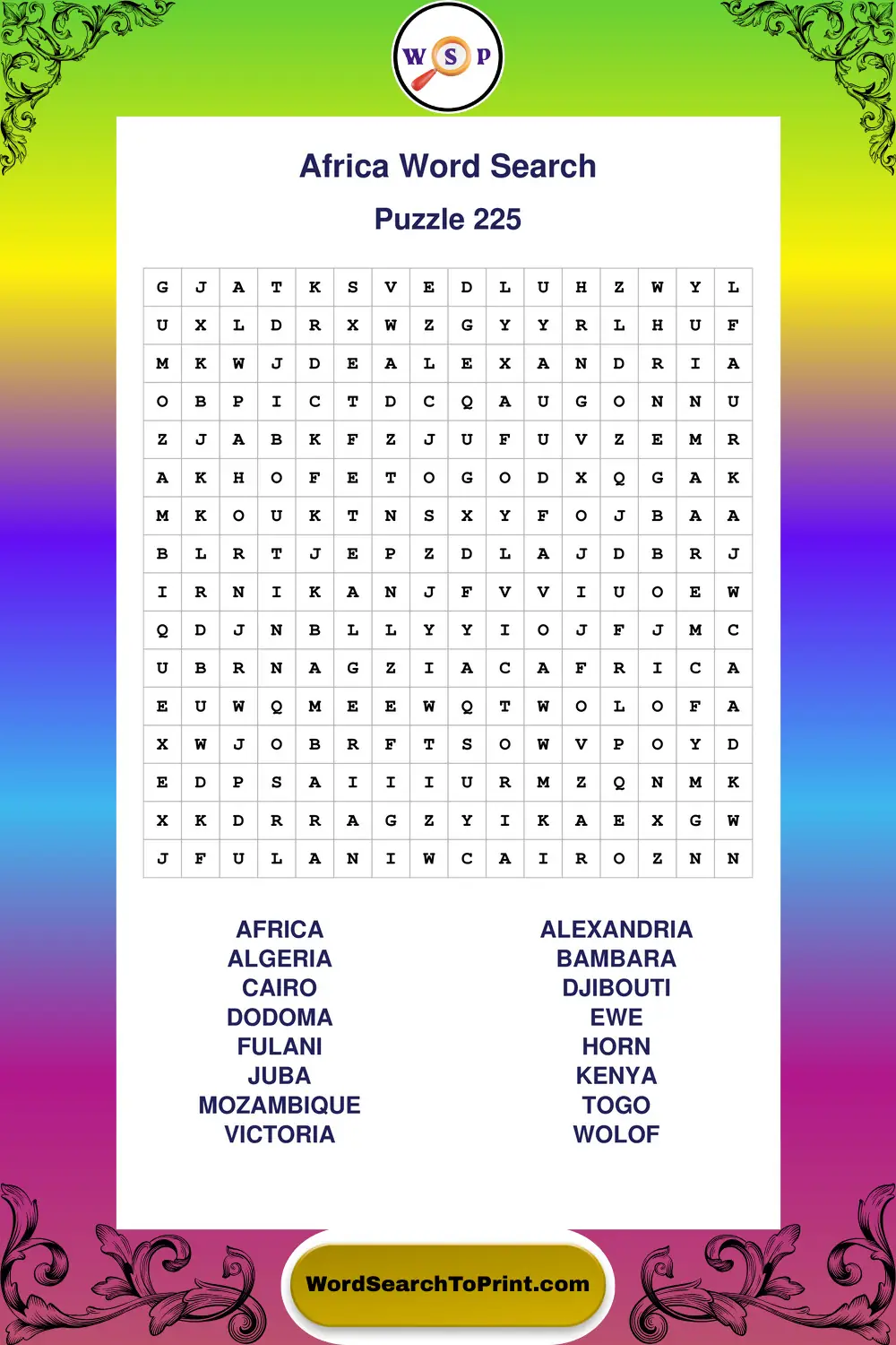 Africa Word Search Puzzle 225