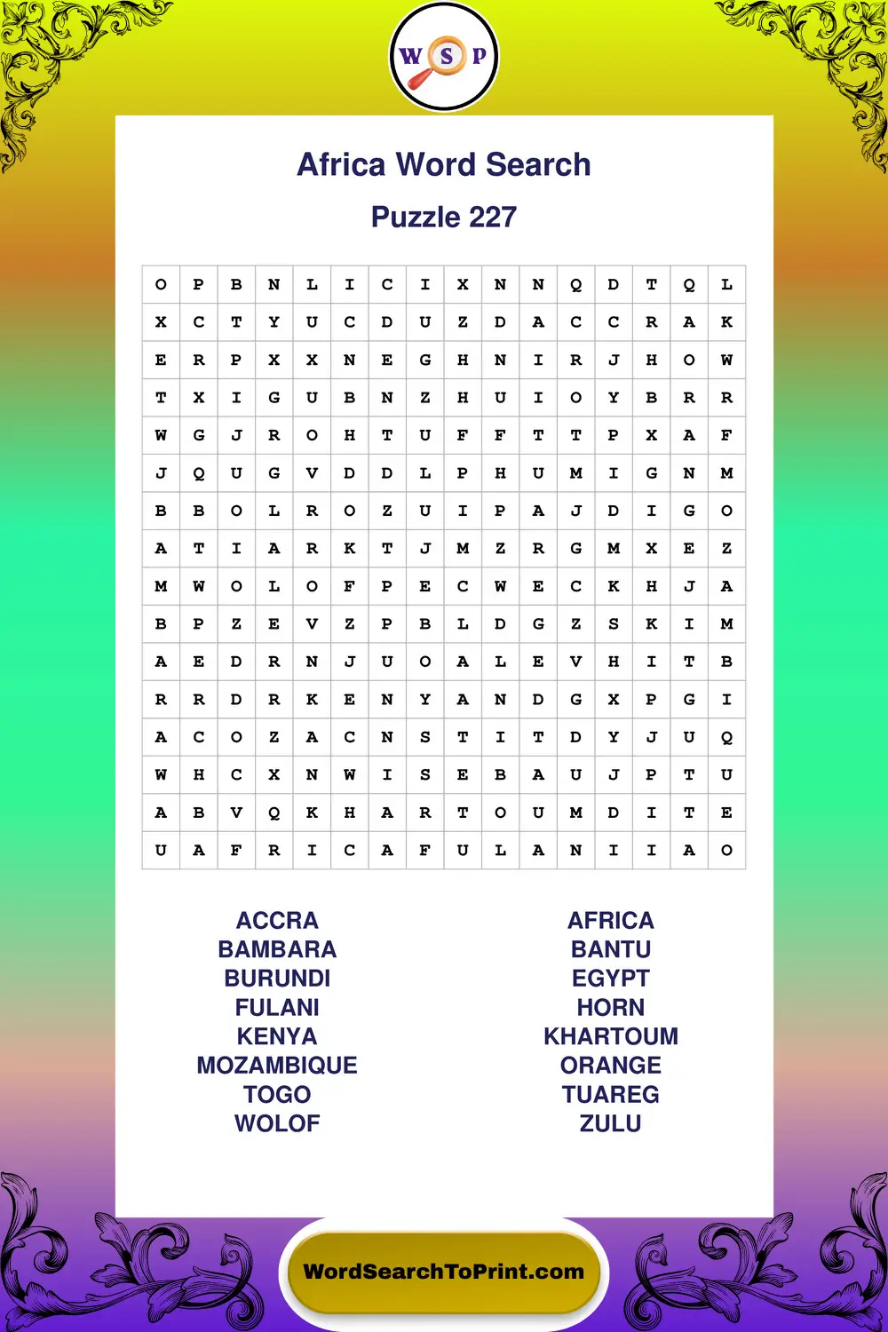 Africa Word Search Puzzle 227