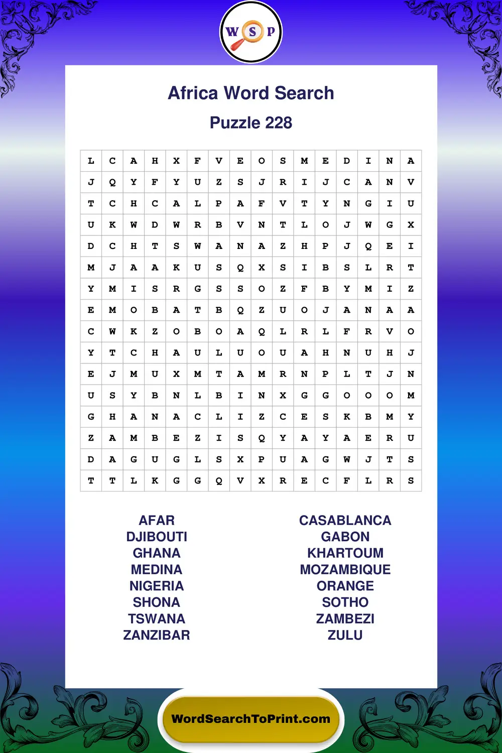 Africa Word Search Puzzle 228