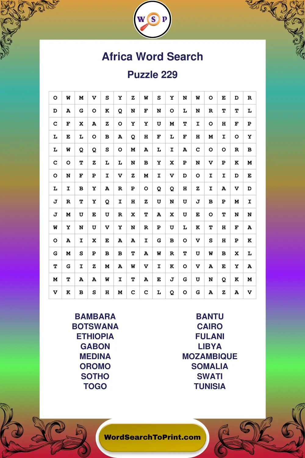 Africa Word Search Puzzle 229