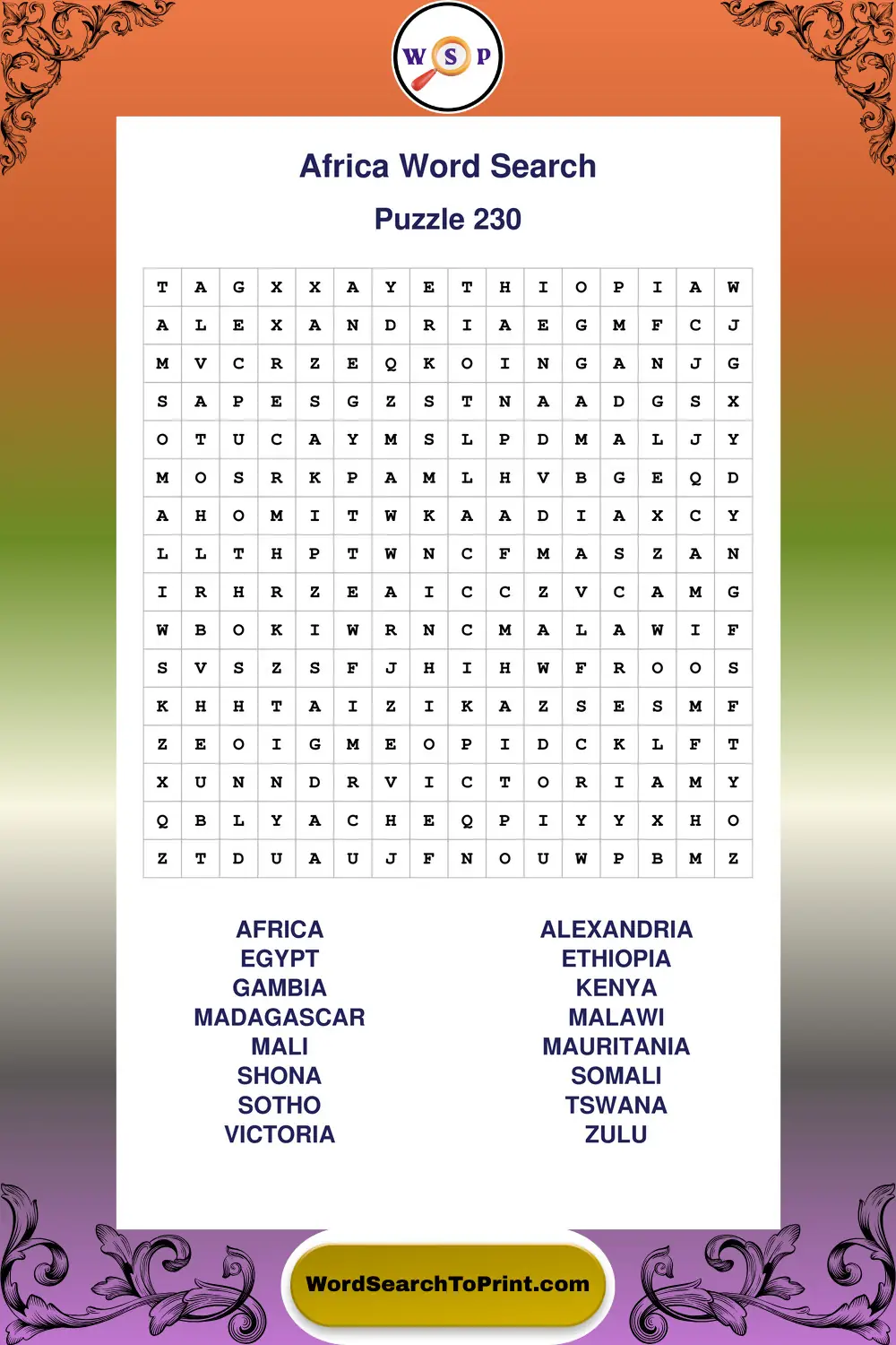 Africa Word Search Puzzle 230