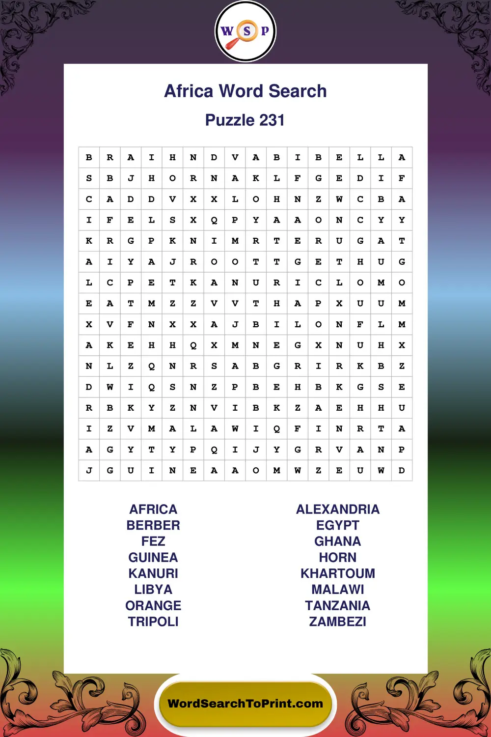 Africa Word Search Puzzle 231