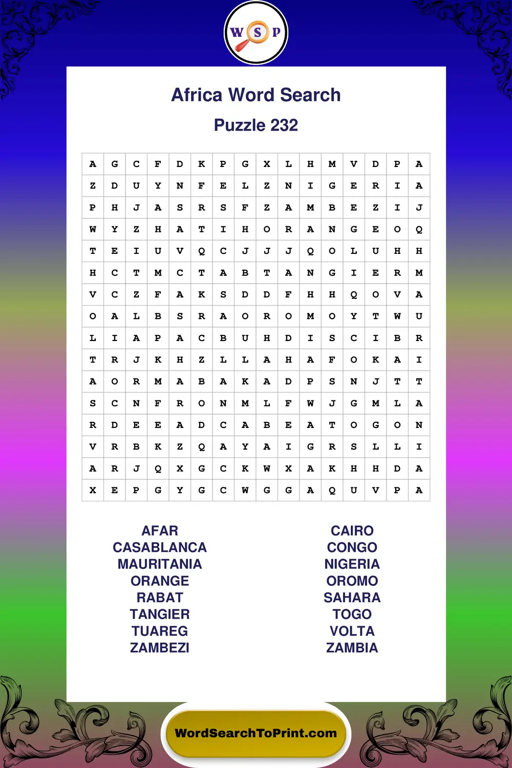 Africa Word Search Puzzle 232